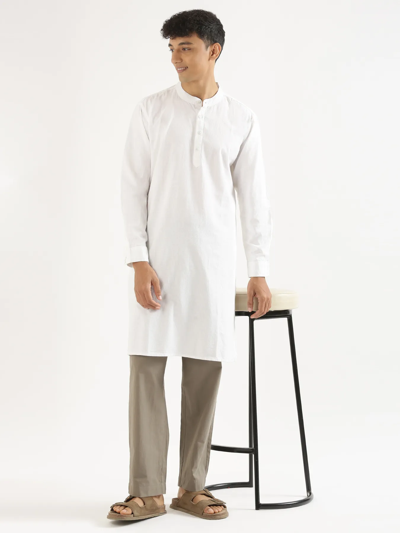 Men White Airy Linen Long Kurta - Image 9