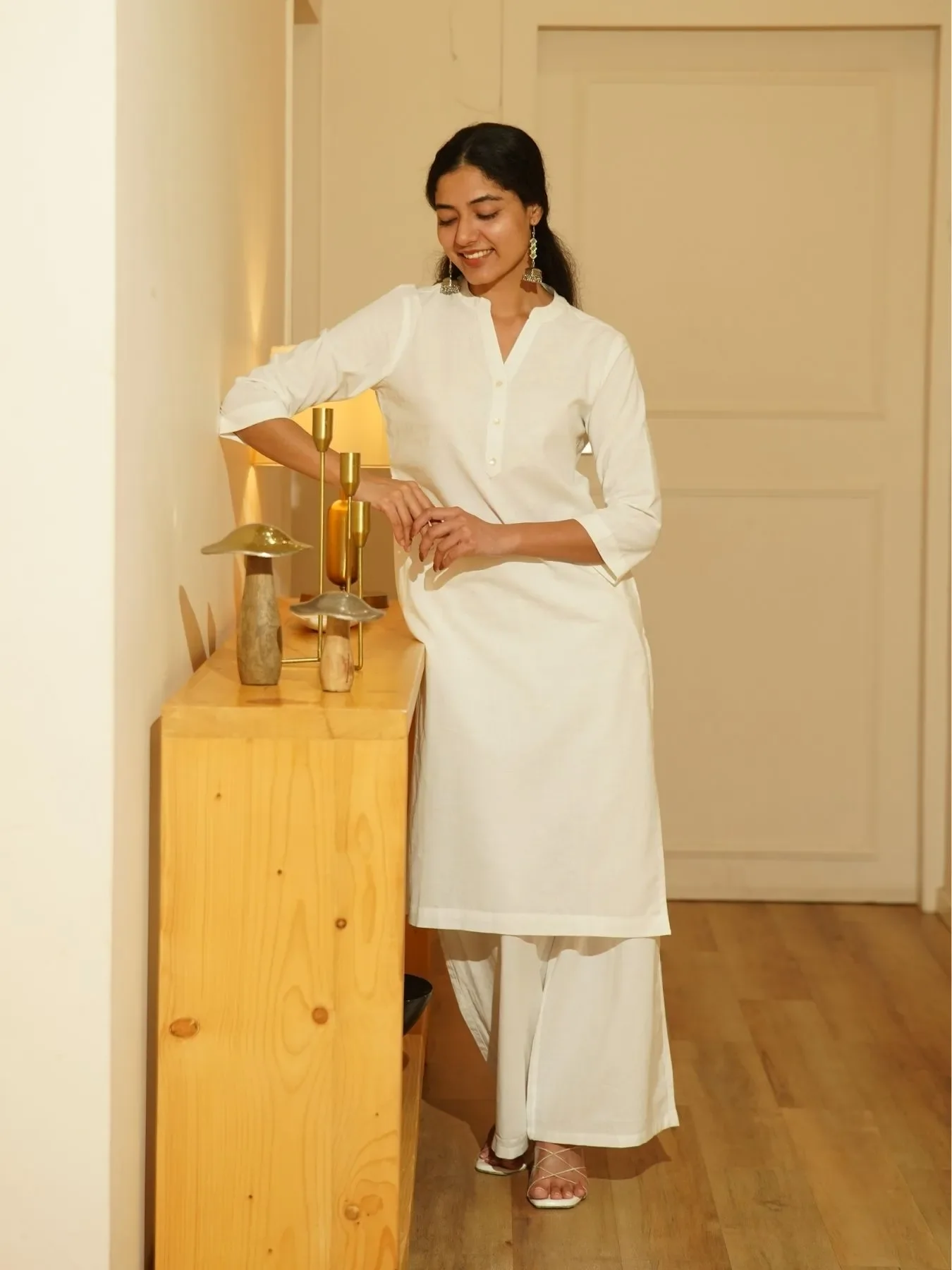White Airy Linen Long Kurta Co-ord Set - Image 3