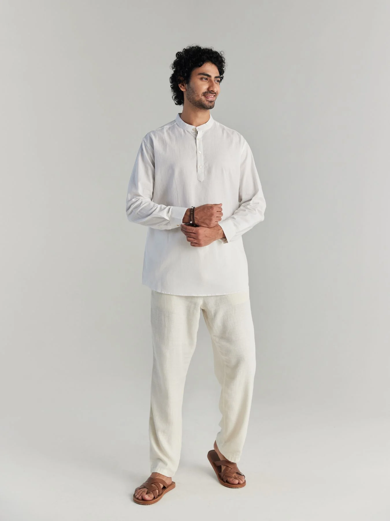 Men White Airy Linen Short Kurta - Image 2
