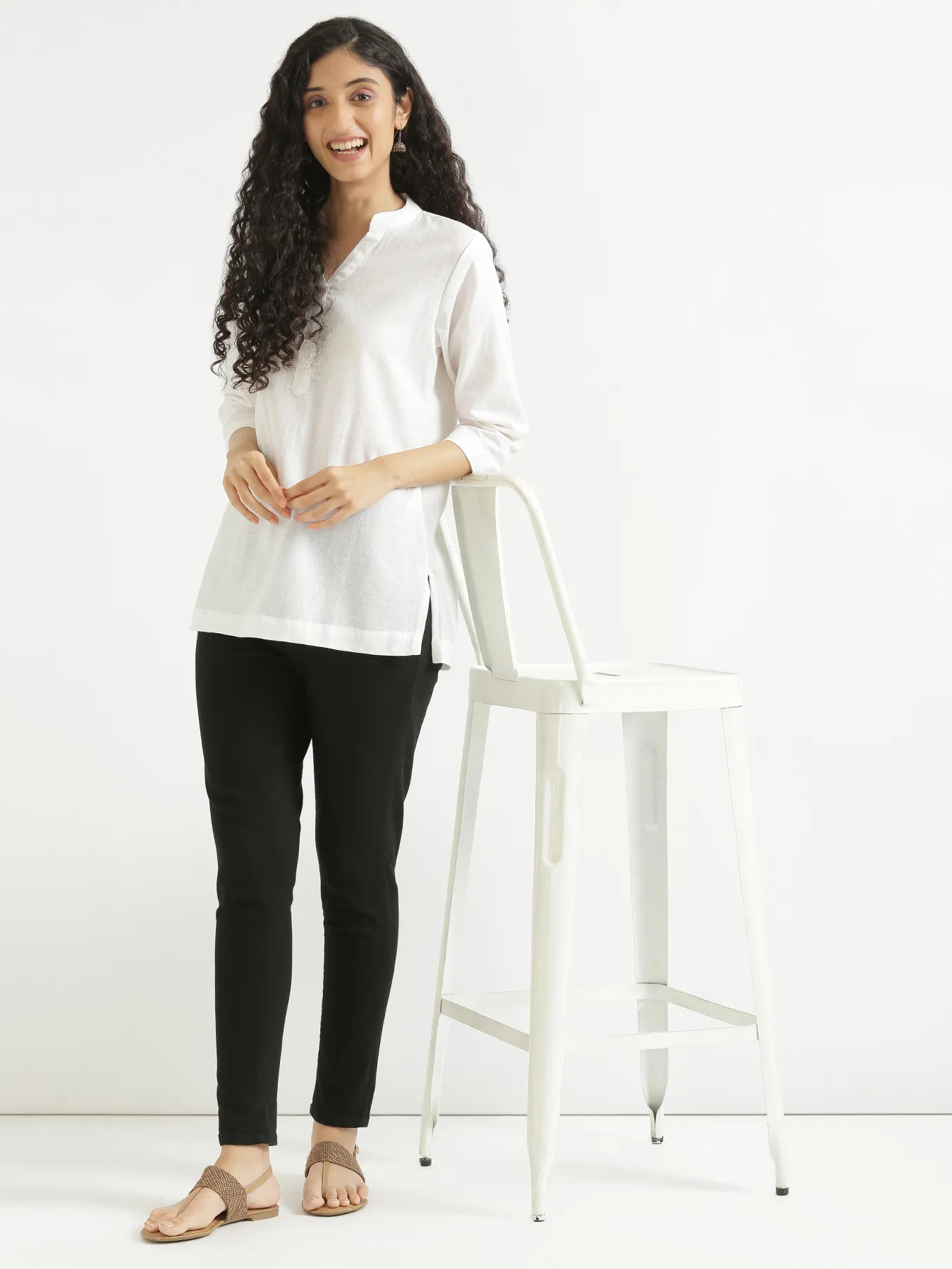 Women White Airy Linen Short Kurta - Image 11