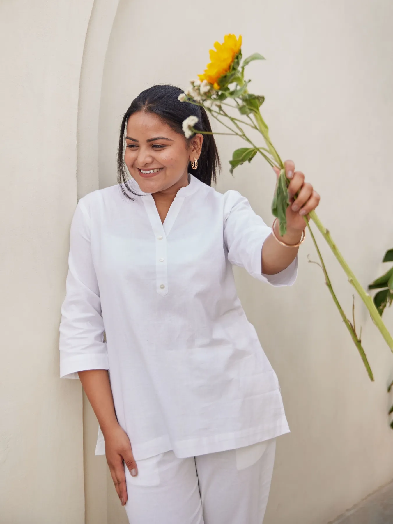 Women White Airy Linen Short Kurta - Image 2