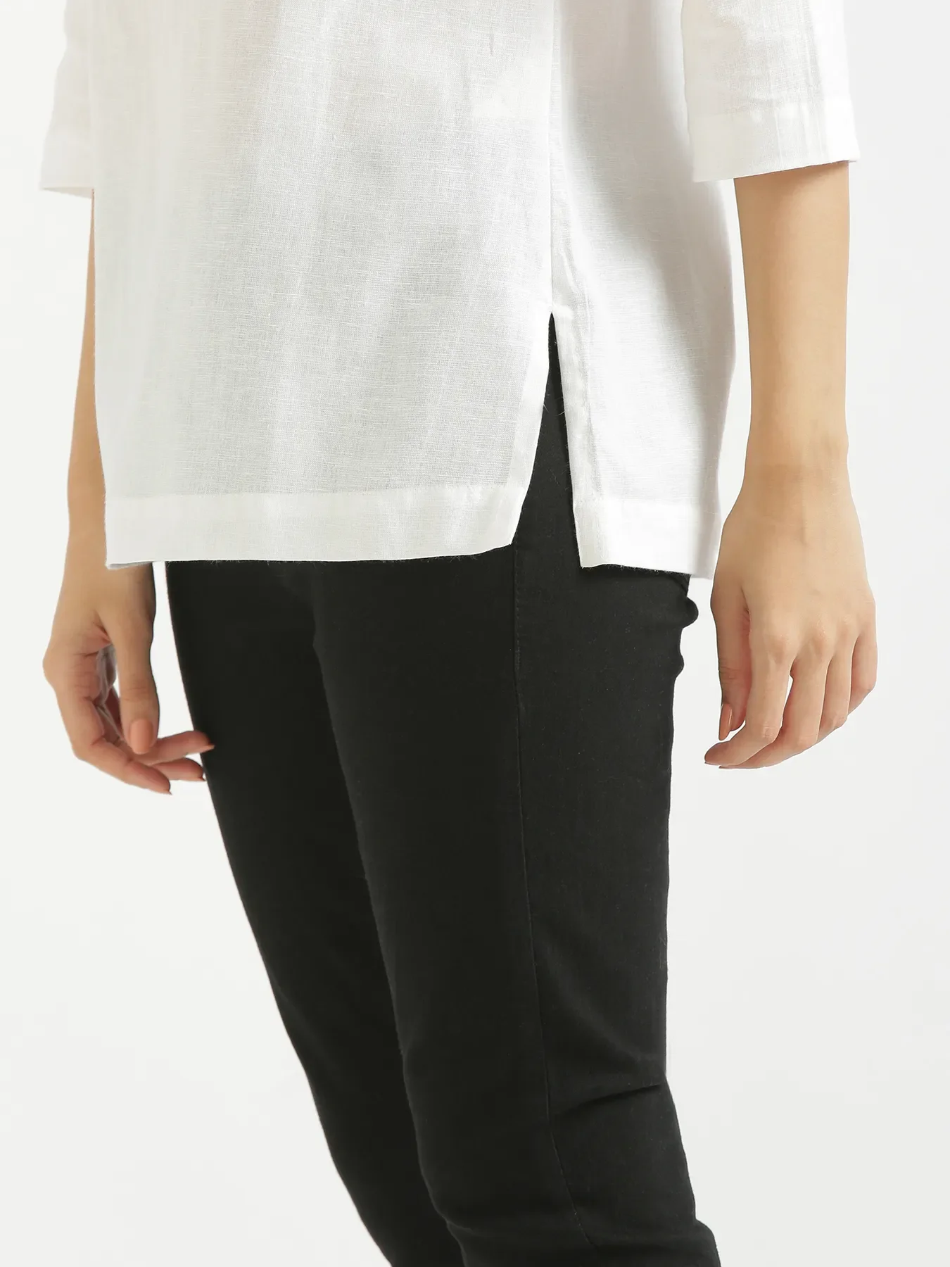 Women White Airy Linen Short Kurta - Image 8