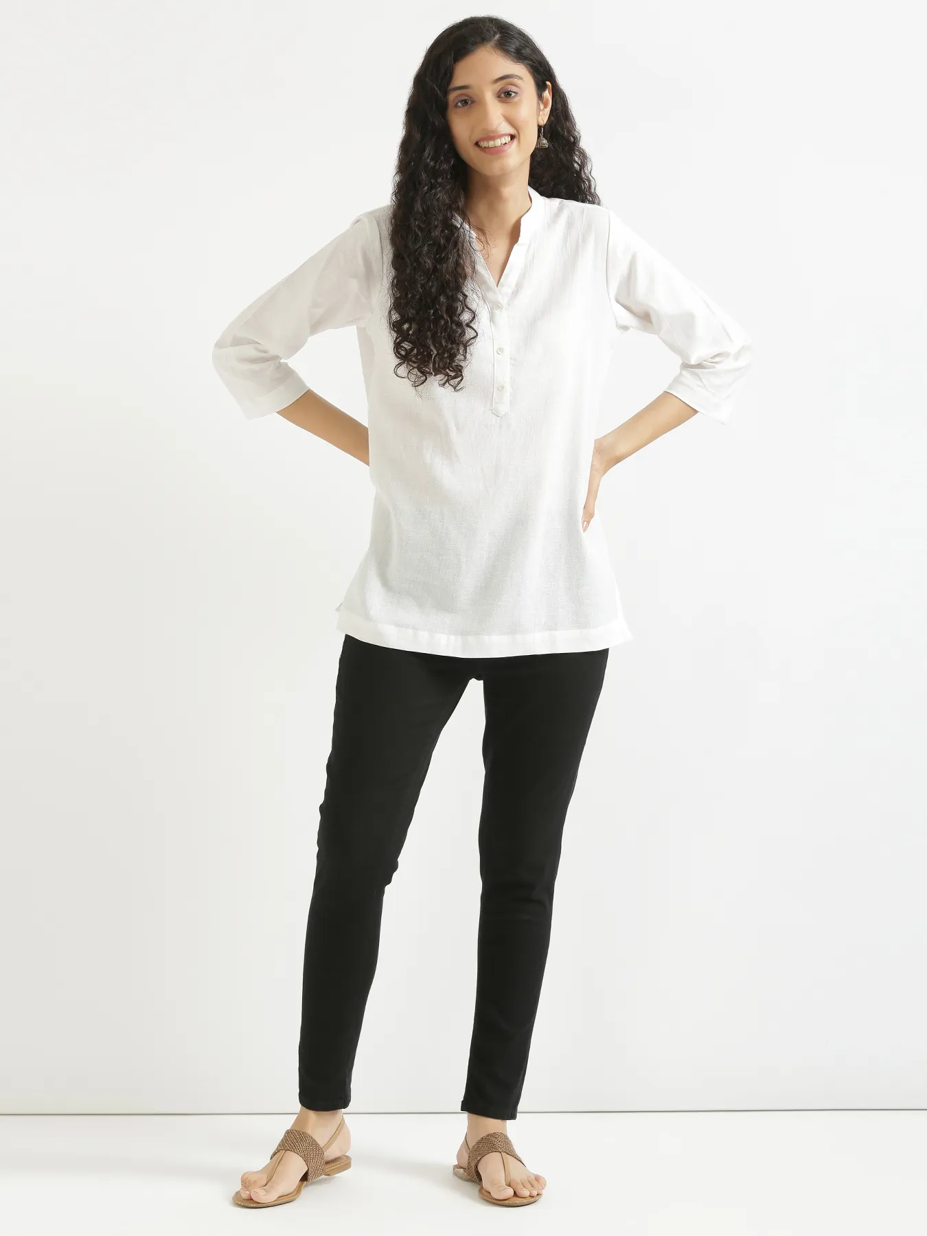 Women White Airy Linen Short Kurta - Image 9