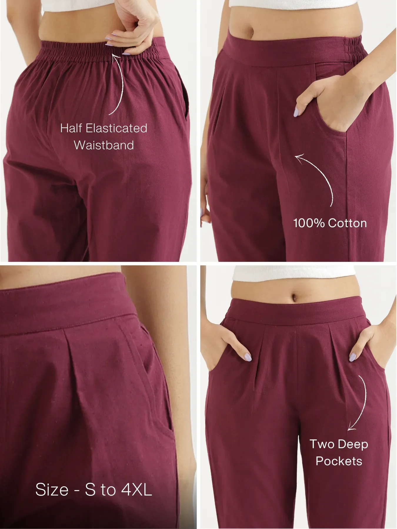 Women Wine Cotton Pant - Image 13