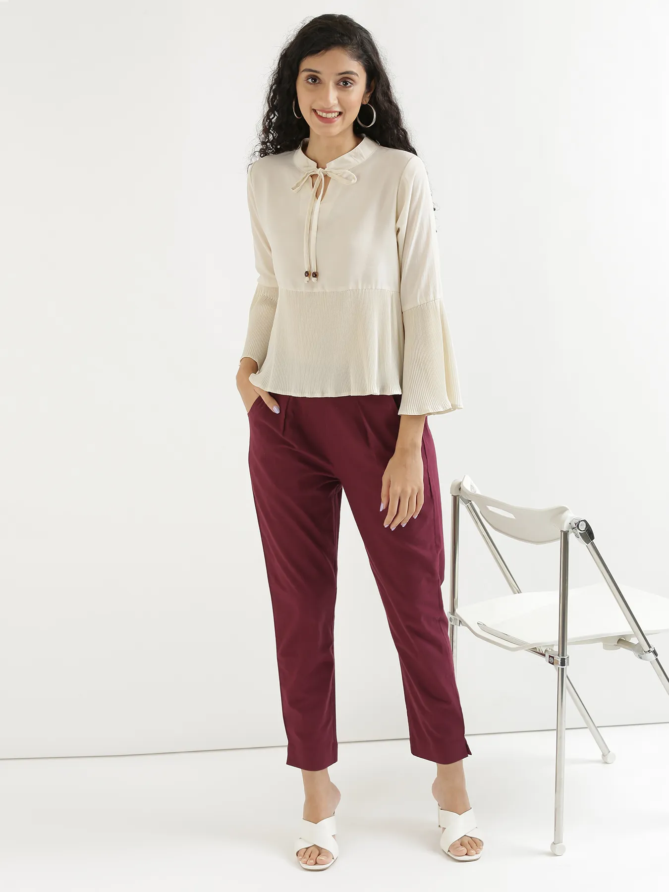 Women Wine Cotton Pant - Image 3