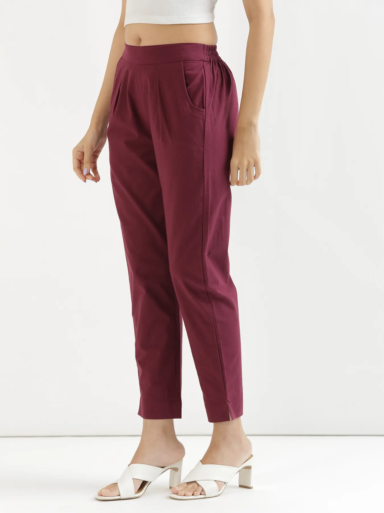 Women Wine Cotton Pant - Image 7