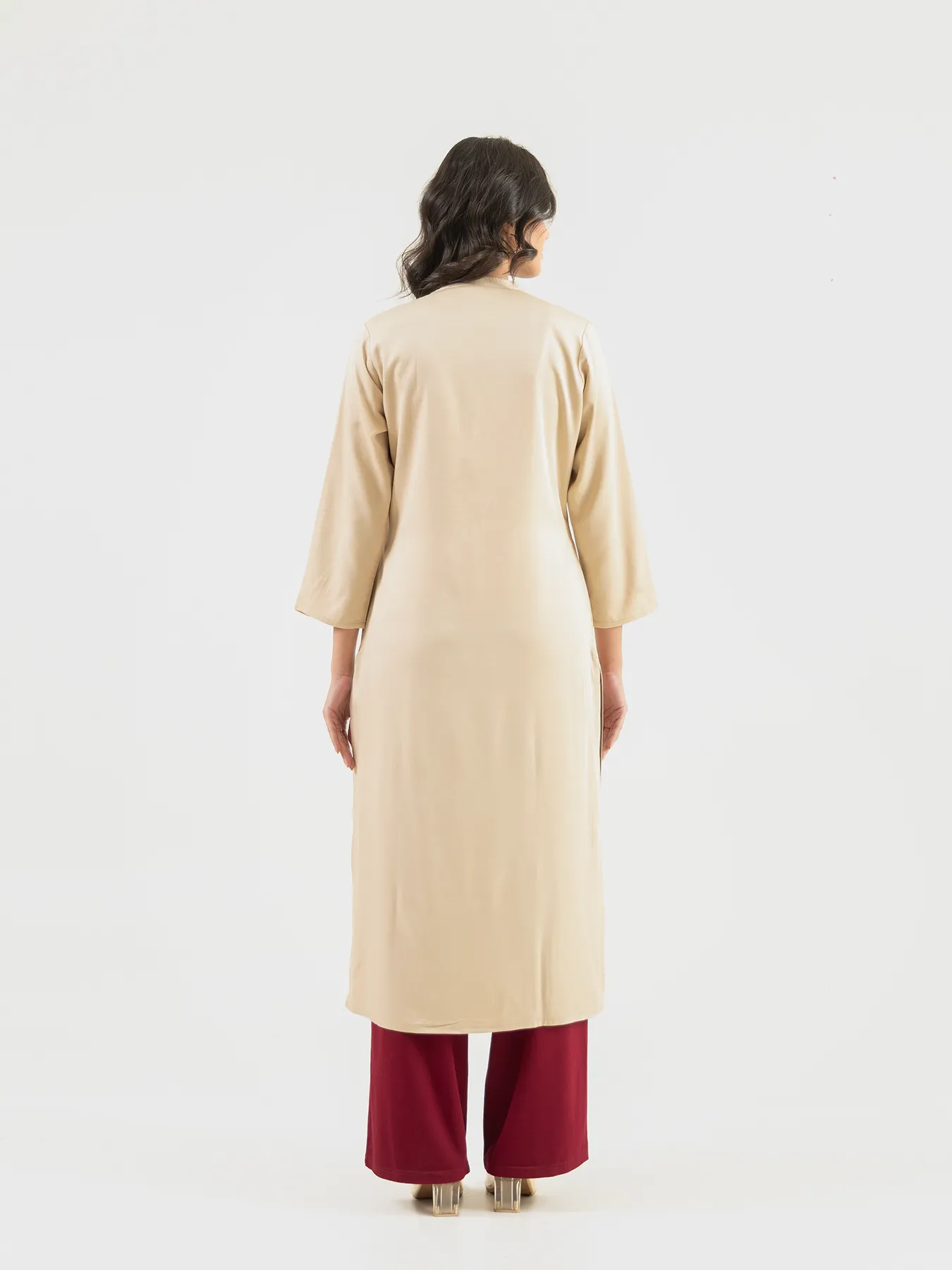 Women Beige Flowy Straight Long Kurta - Image 8