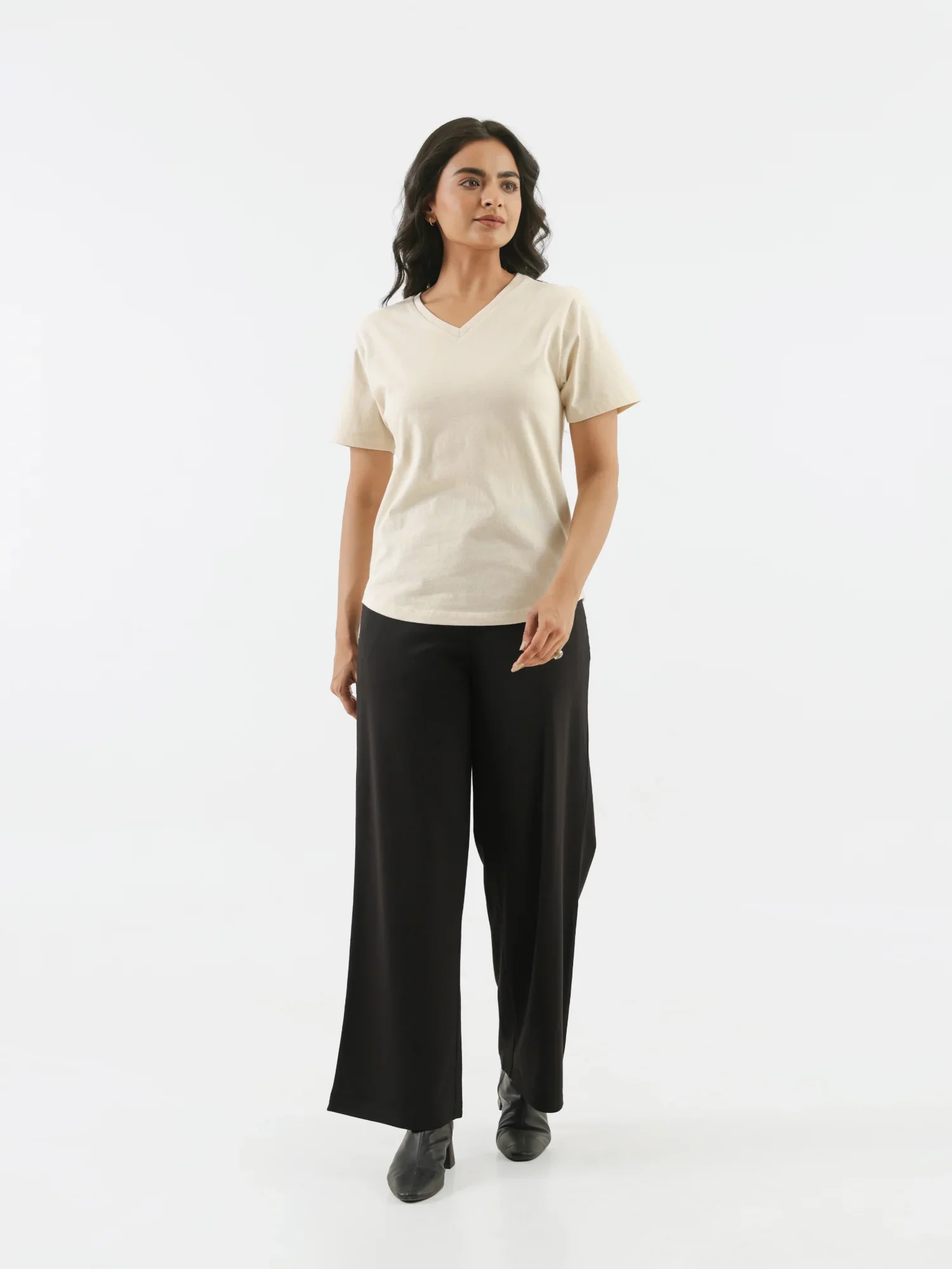 Women Beige V-neck T-shirt - Image 3