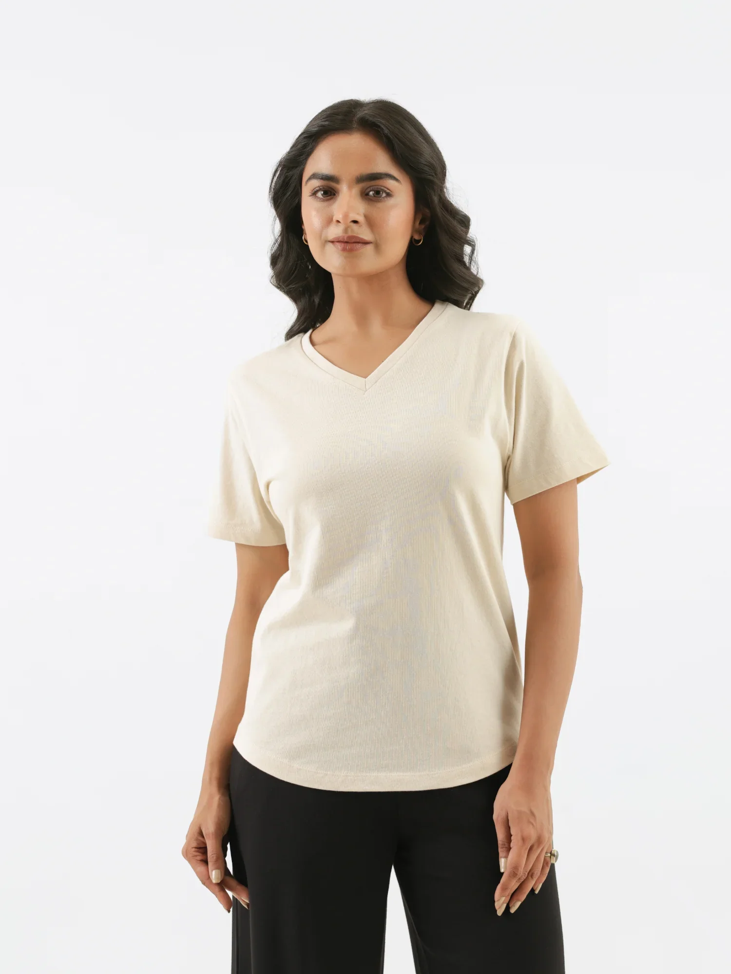 Women Beige V-neck T-shirt - Image 8
