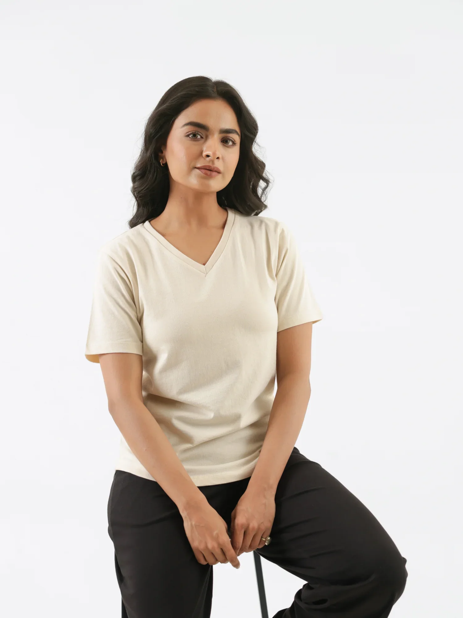Women Beige V-neck T-shirt - Image 9