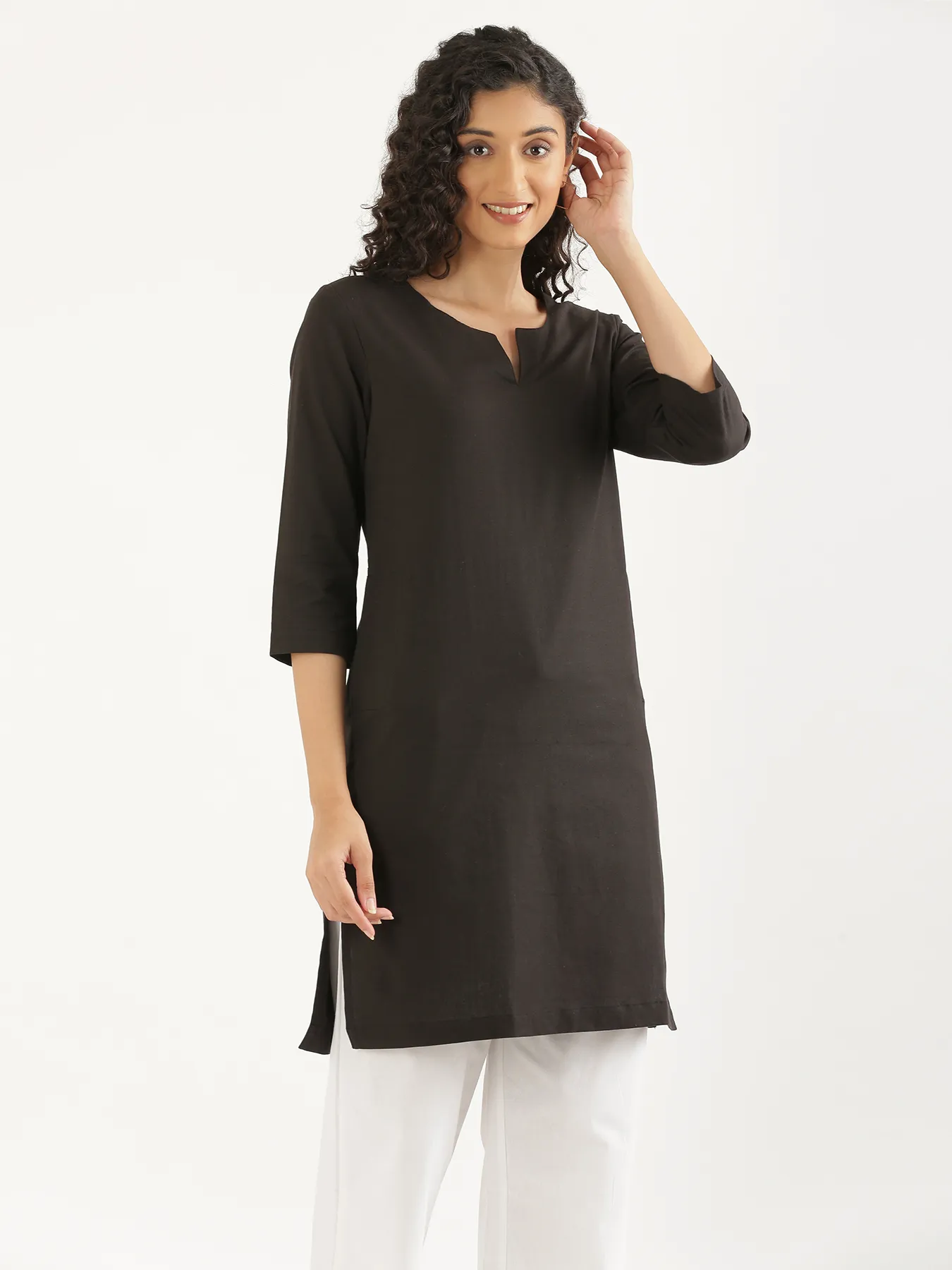 Women Black Airy Linen Mid Thigh Length Kurta - Image 10