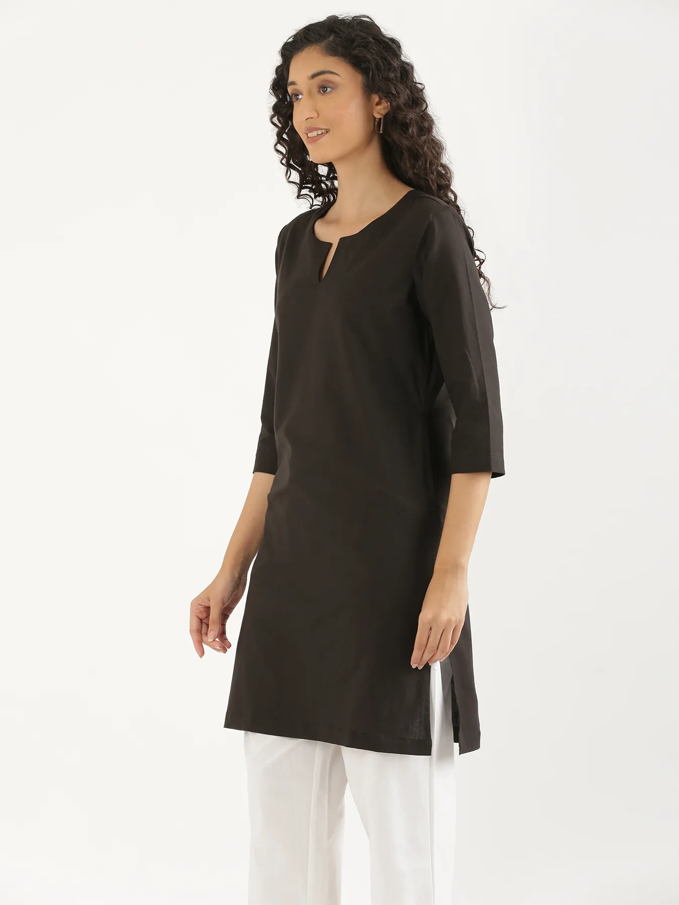 Women Black Airy Linen Mid Thigh Length Kurta - Image 8