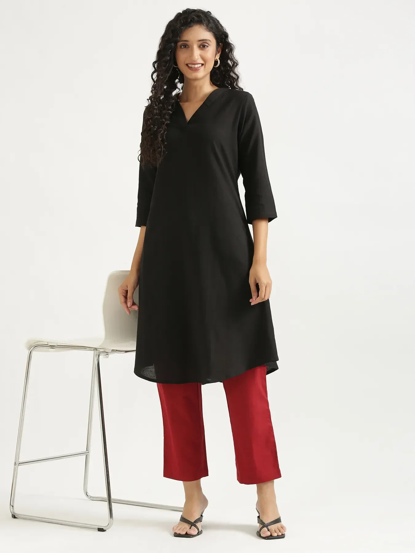 Women Black Flowy Linen A-Line Long Kurta - Image 9
