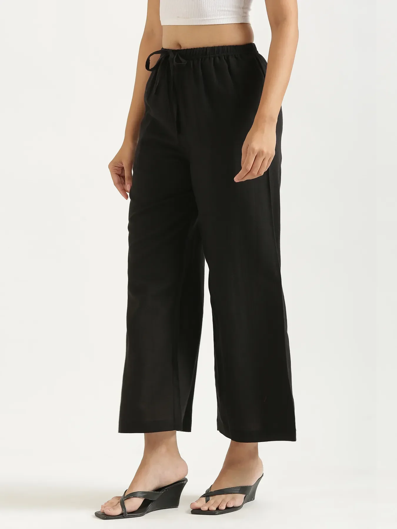 Women Black Flowy Linen Wide Leg Pants - Image 4