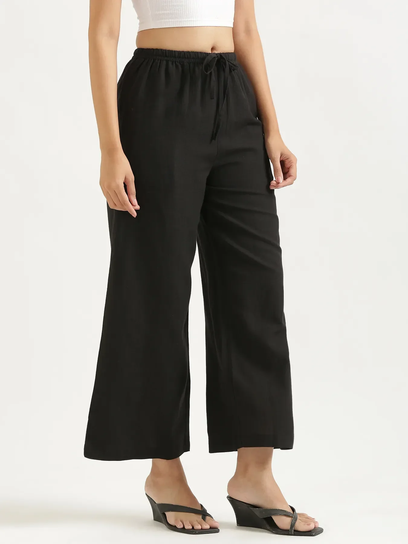Women Black Flowy Linen Wide Leg Pants - Image 5