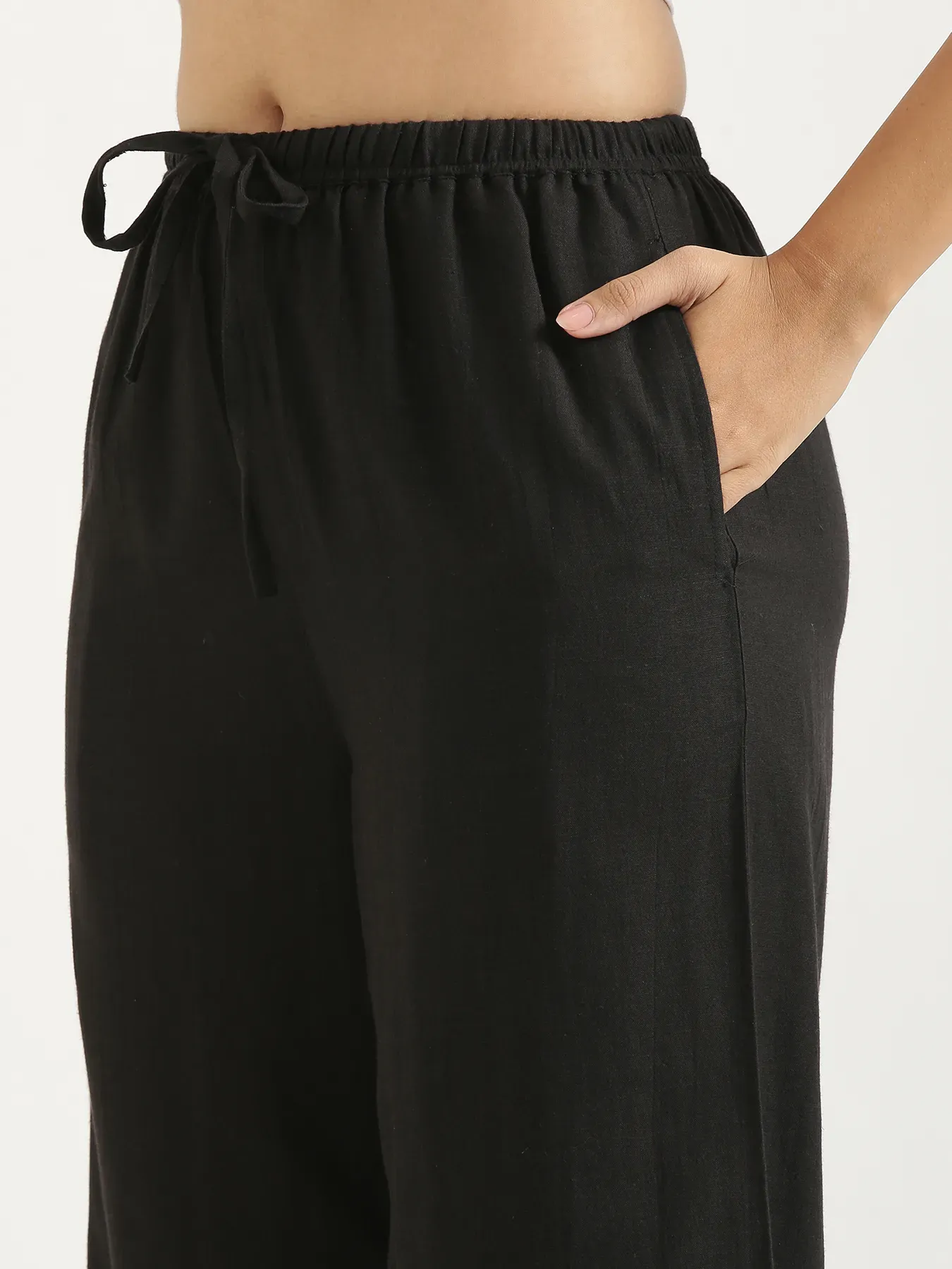 Women Black Flowy Linen Wide Leg Pants - Image 7