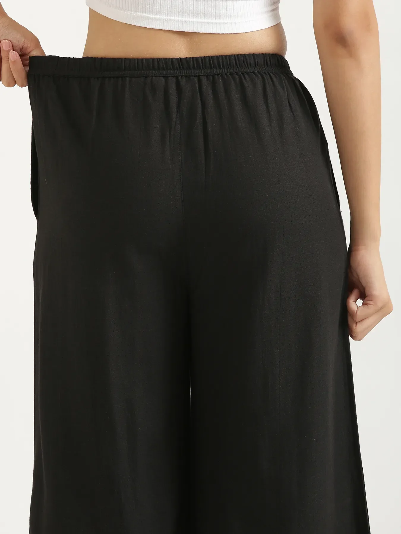 Women Black Flowy Linen Wide Leg Pants - Image 8