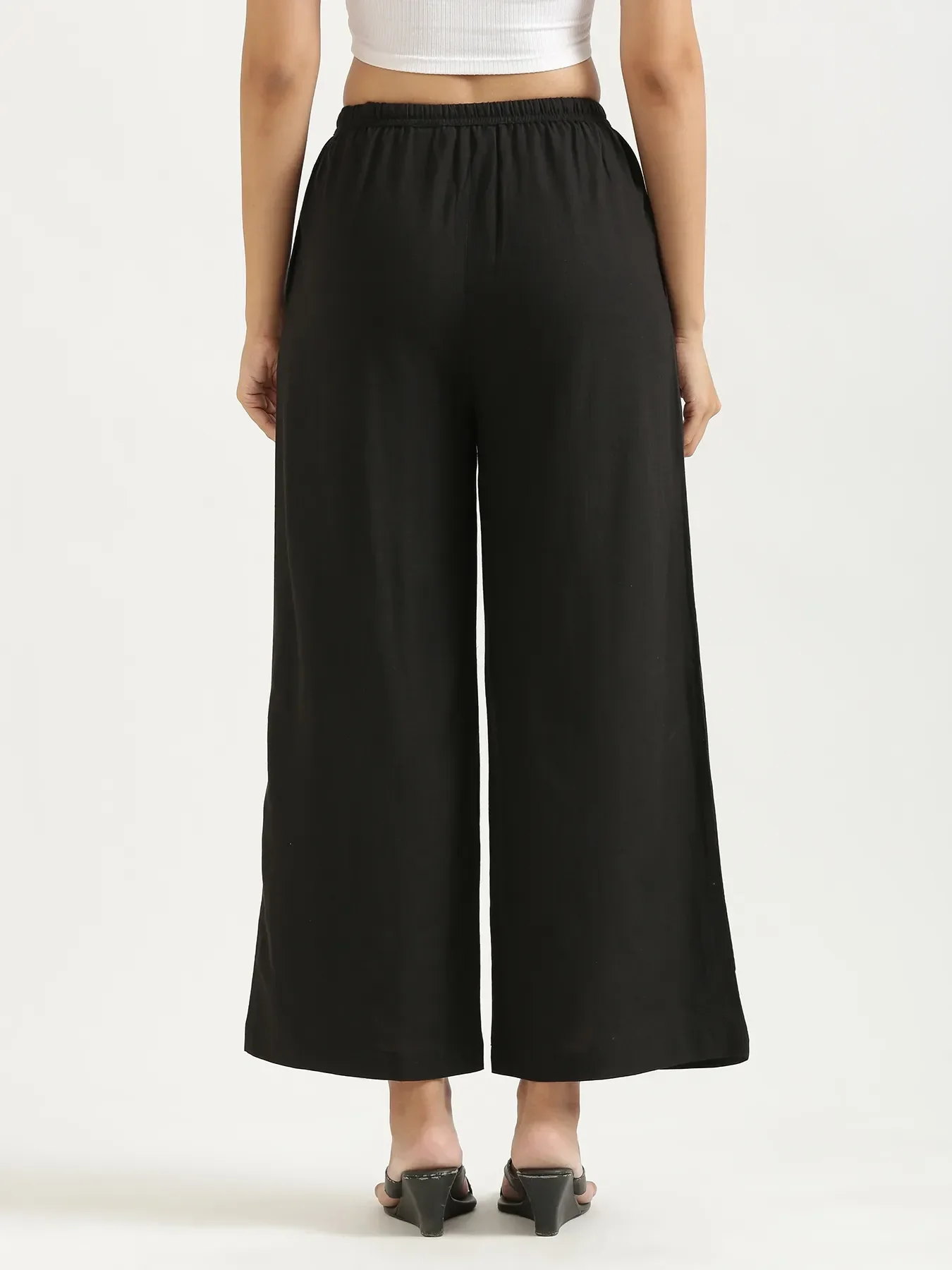 Women Black Flowy Linen Wide Leg Pants - Image 9
