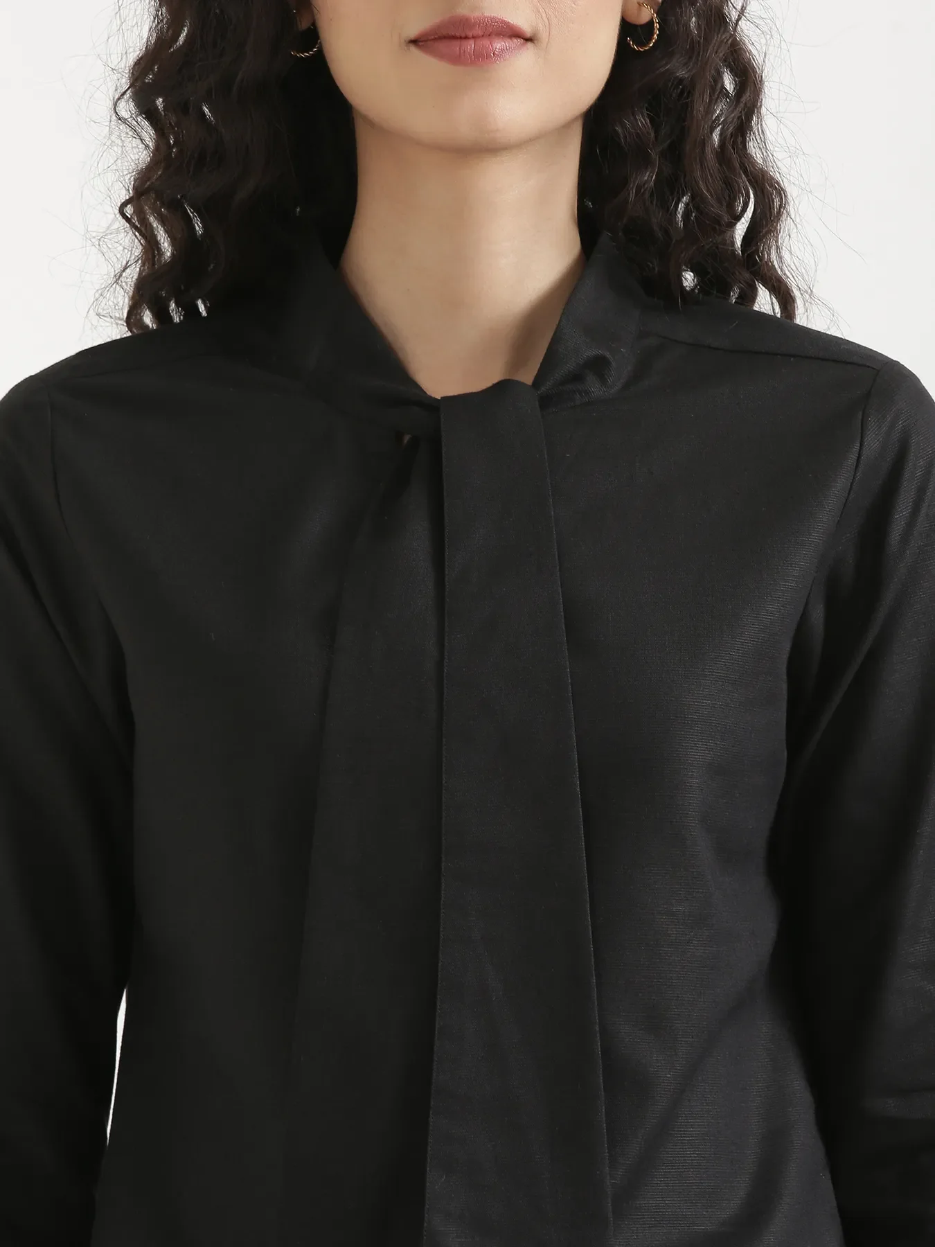 Women Black Linen Blend Knot Blouse - Image 5