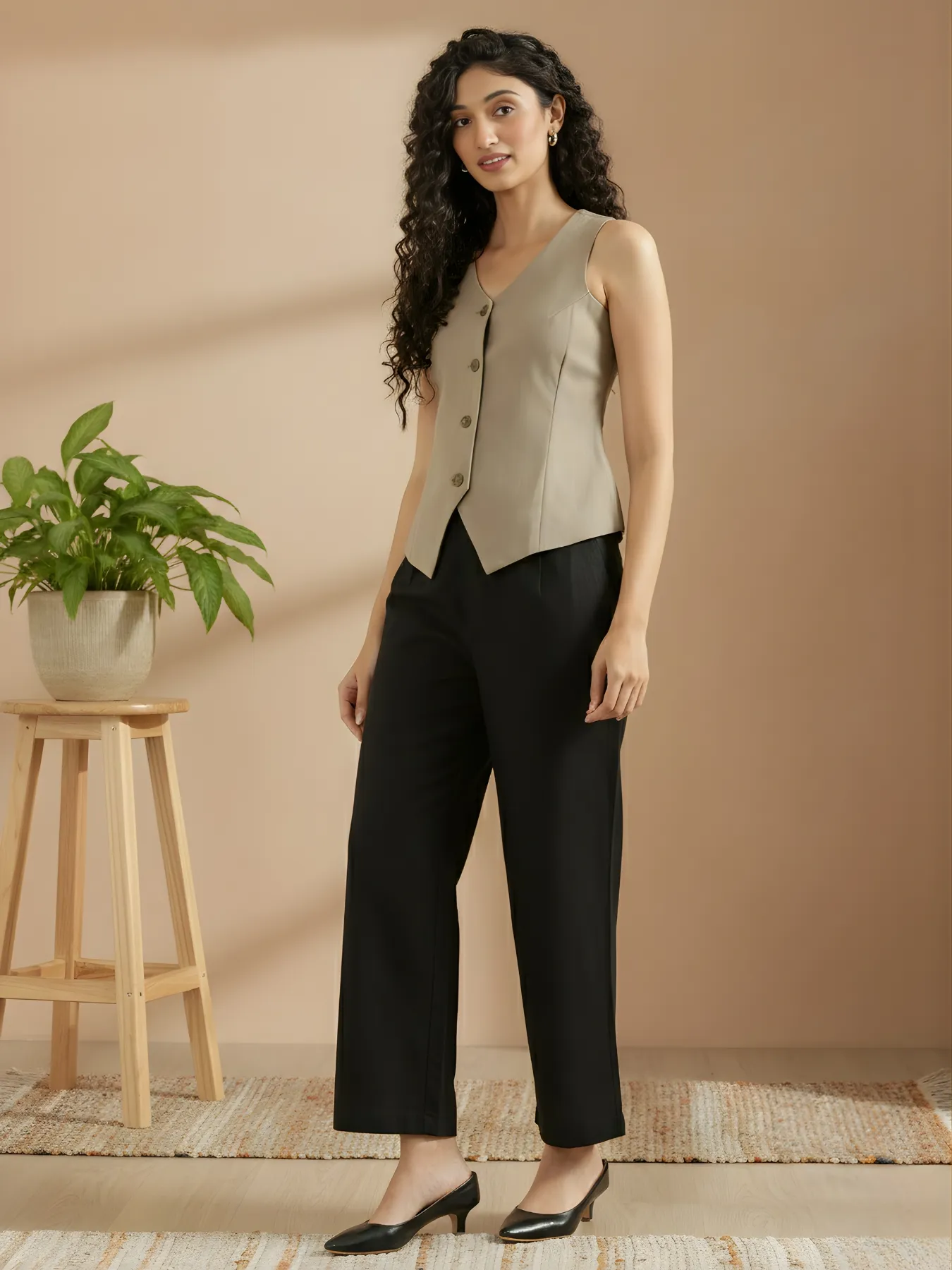 Women Black Linen Blend Wide Leg Pant & Khakhi Linen Blend Waist Coat