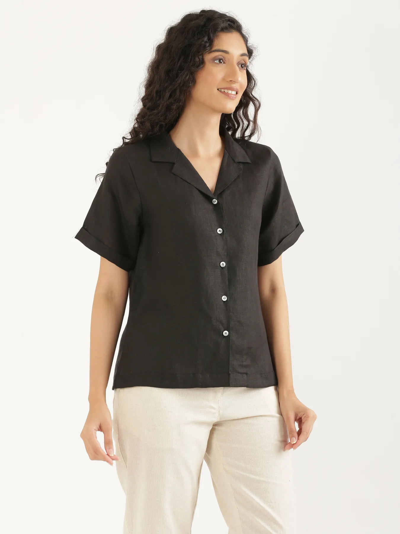 Women Black Pure Linen Notch Collar Shirt - Image 10
