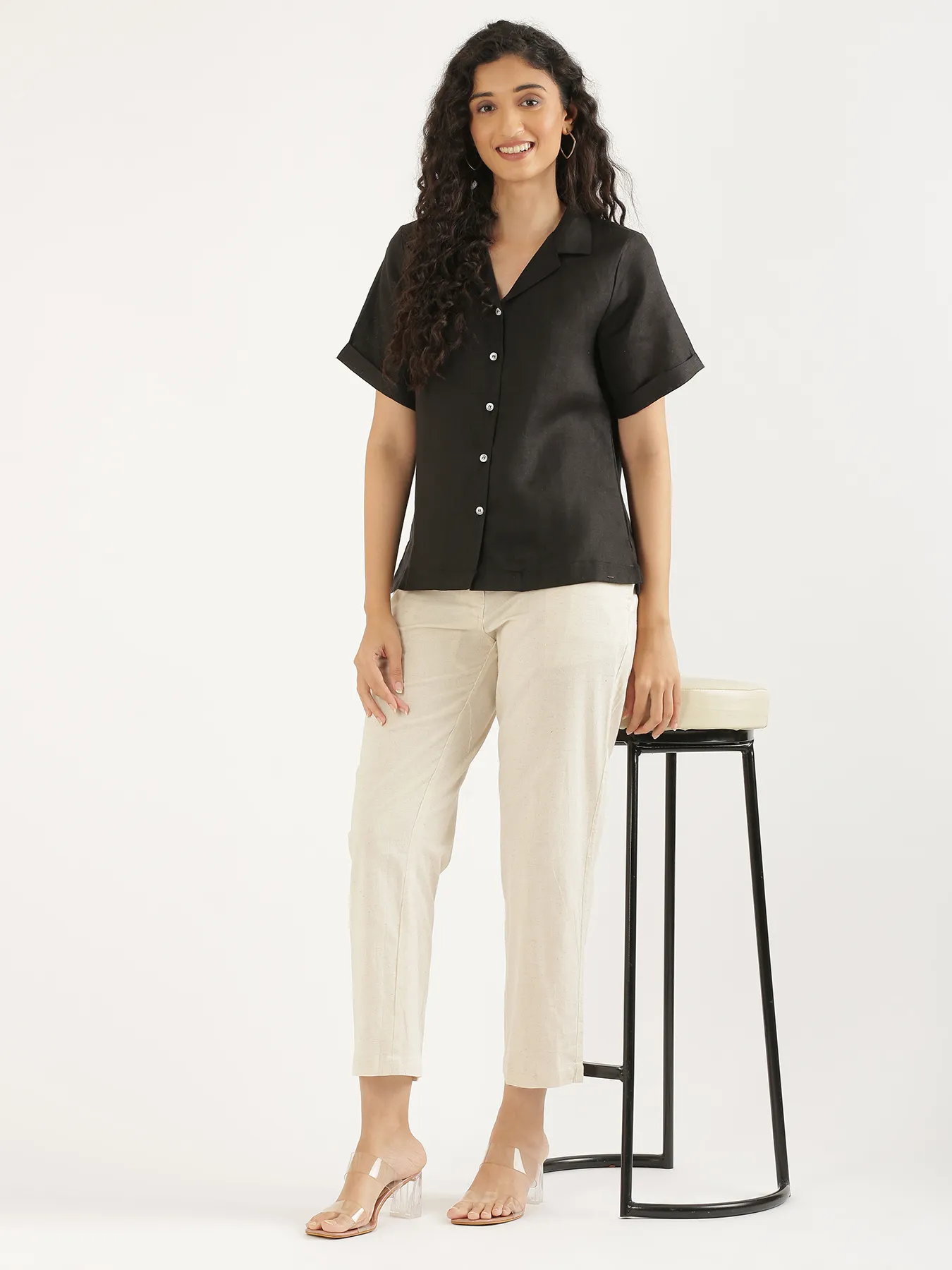 Women Black Pure Linen Notch Collar Shirt - Image 11