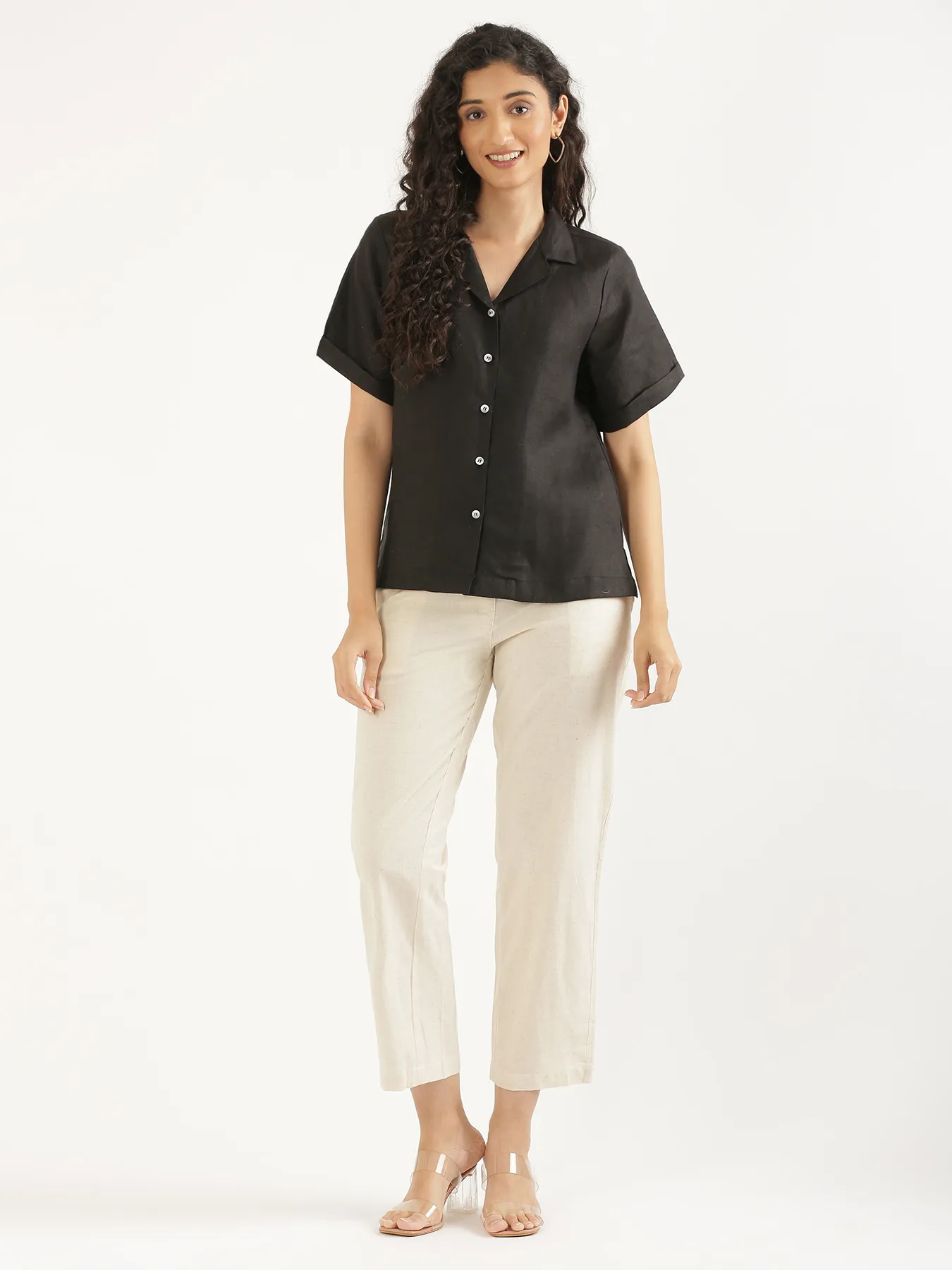 Women Black Pure Linen Notch Collar Shirt - Image 3