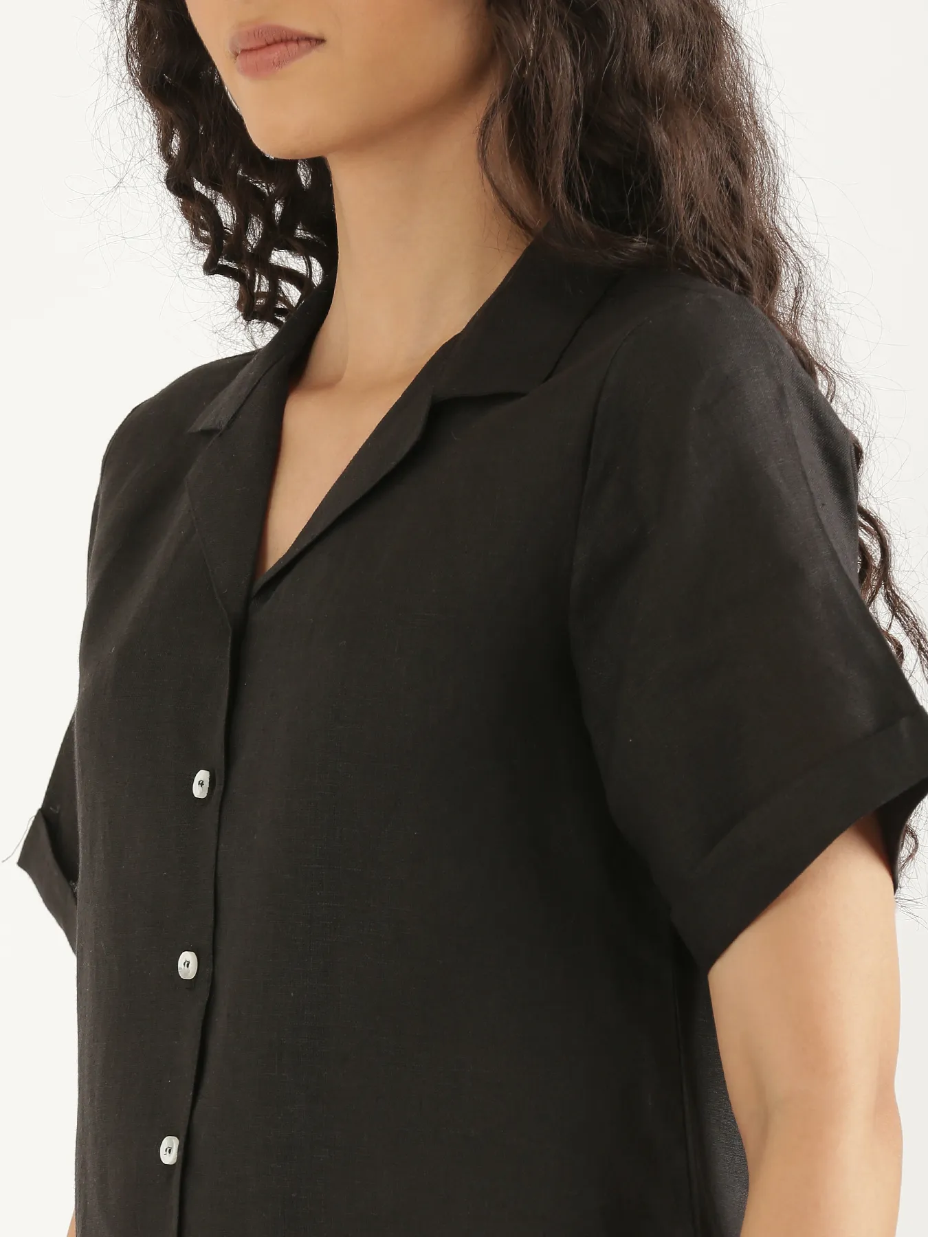 Women Black Pure Linen Notch Collar Shirt - Image 5