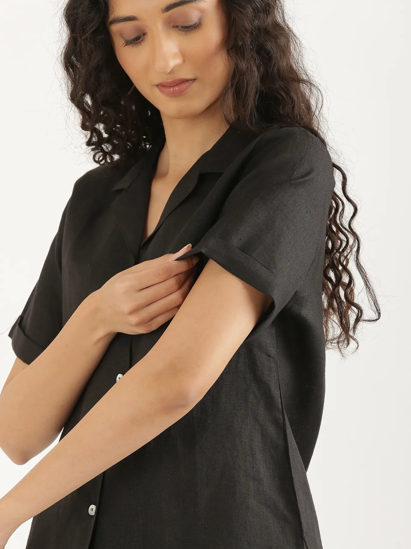 Women Black Pure Linen Notch Collar Shirt - Image 6