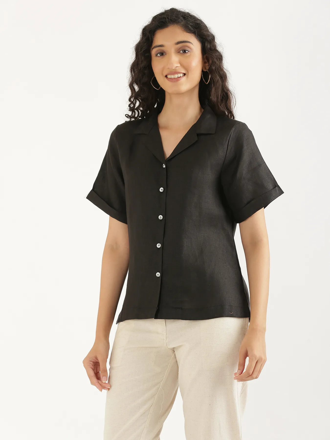 Women Black Pure Linen Notch Collar Shirt - Image 8