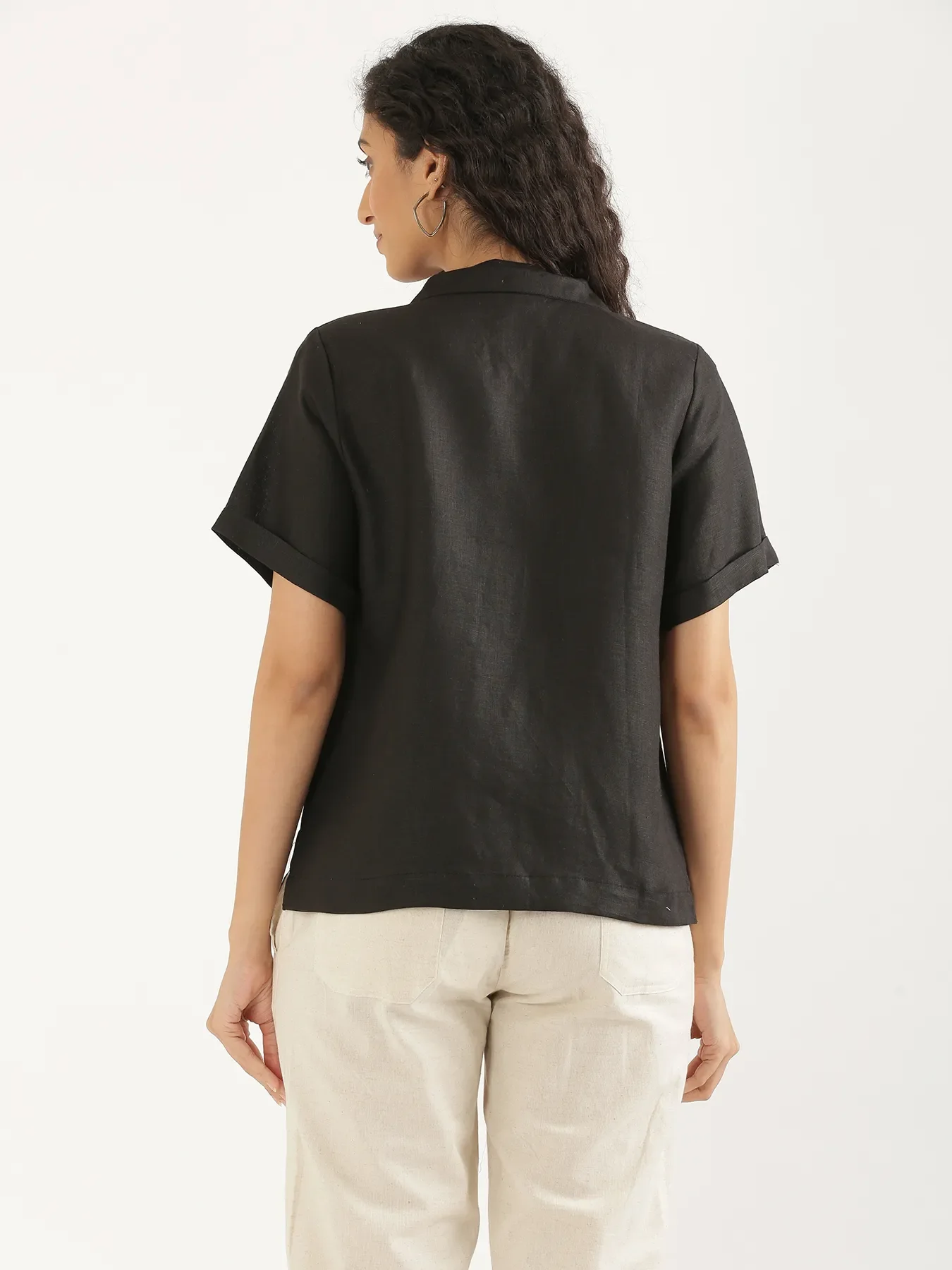 Women Black Pure Linen Notch Collar Shirt - Image 9