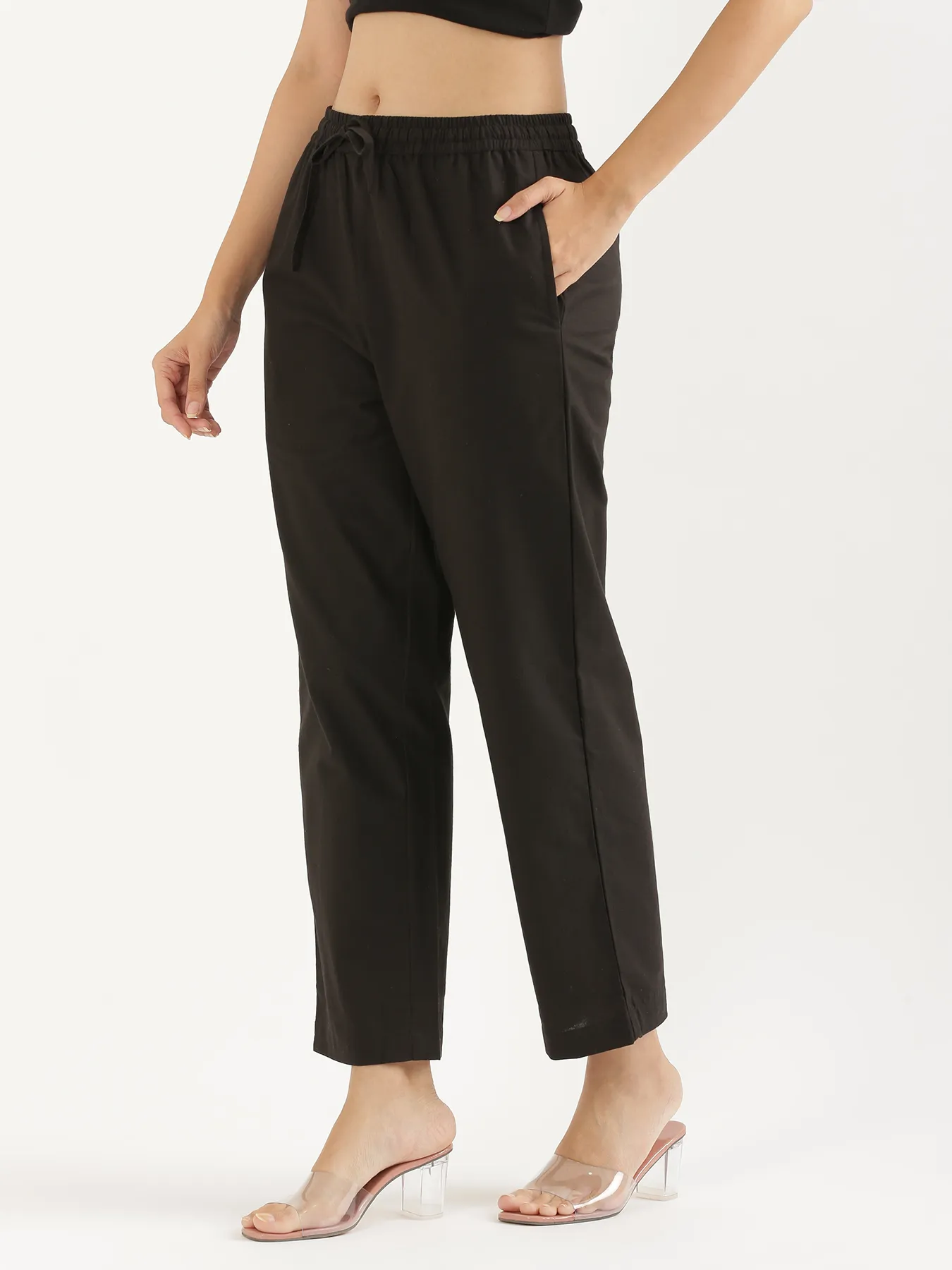Women Black Cotton Straight Pant - Image 4