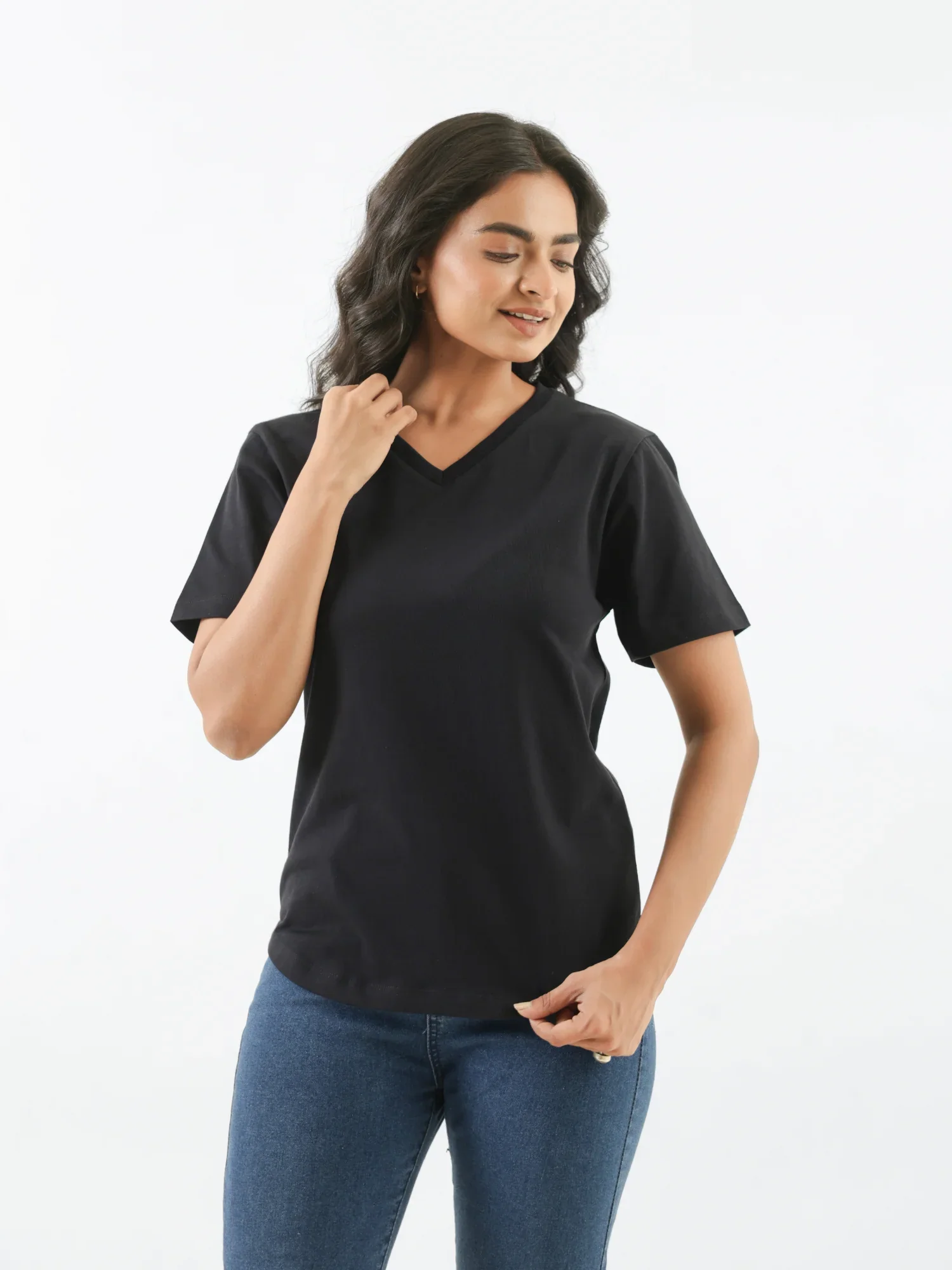 Women Black V-neck T-shirt - Image 5