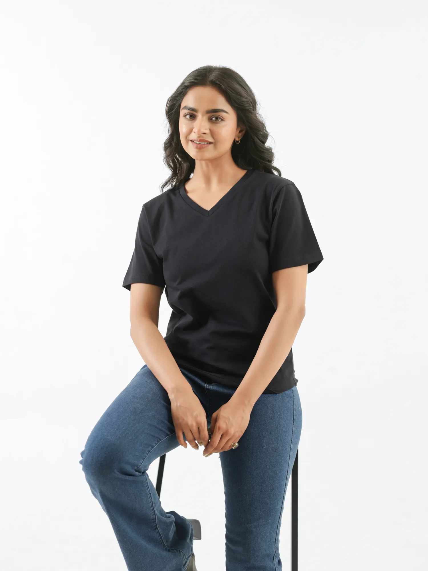 Women Black V-neck T-shirt - Image 9