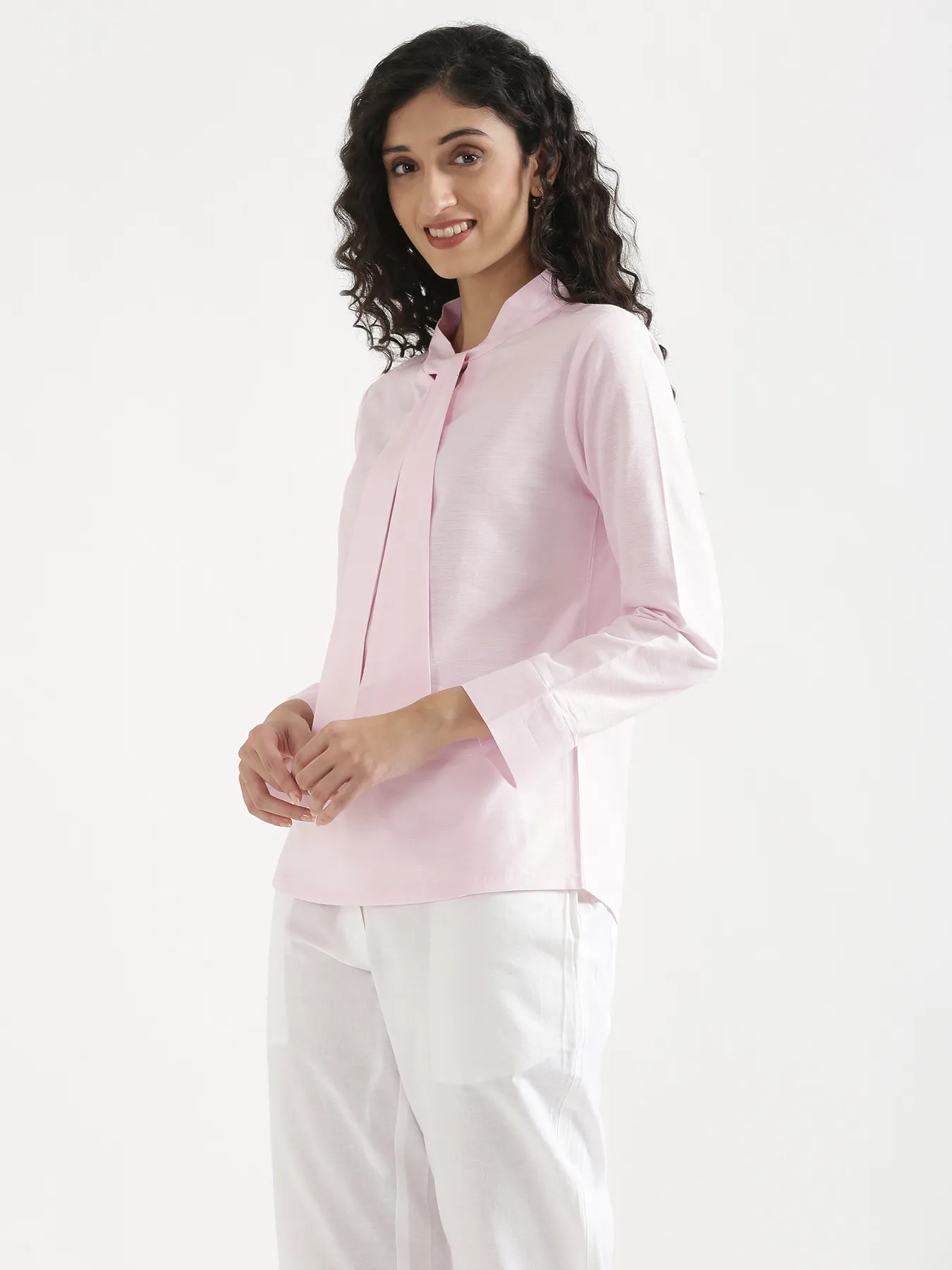Women Blush Pink Linen Blend Knot Blouse & White Airy Linen Straight Pants Pant Set - Image 10