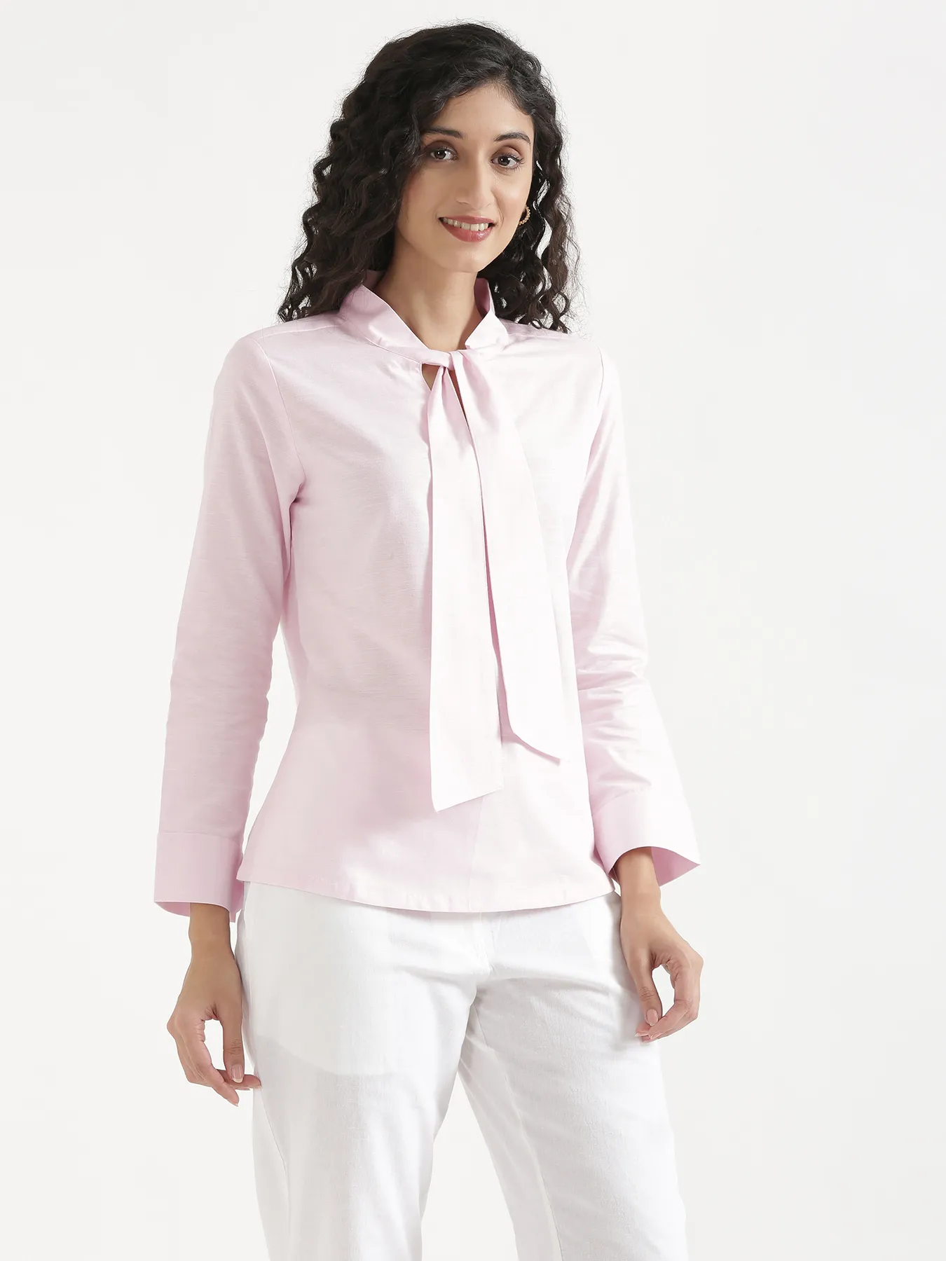 Women Blush Pink Linen Blend Knot Blouse & White Airy Linen Straight Pants Pant Set - Image 11