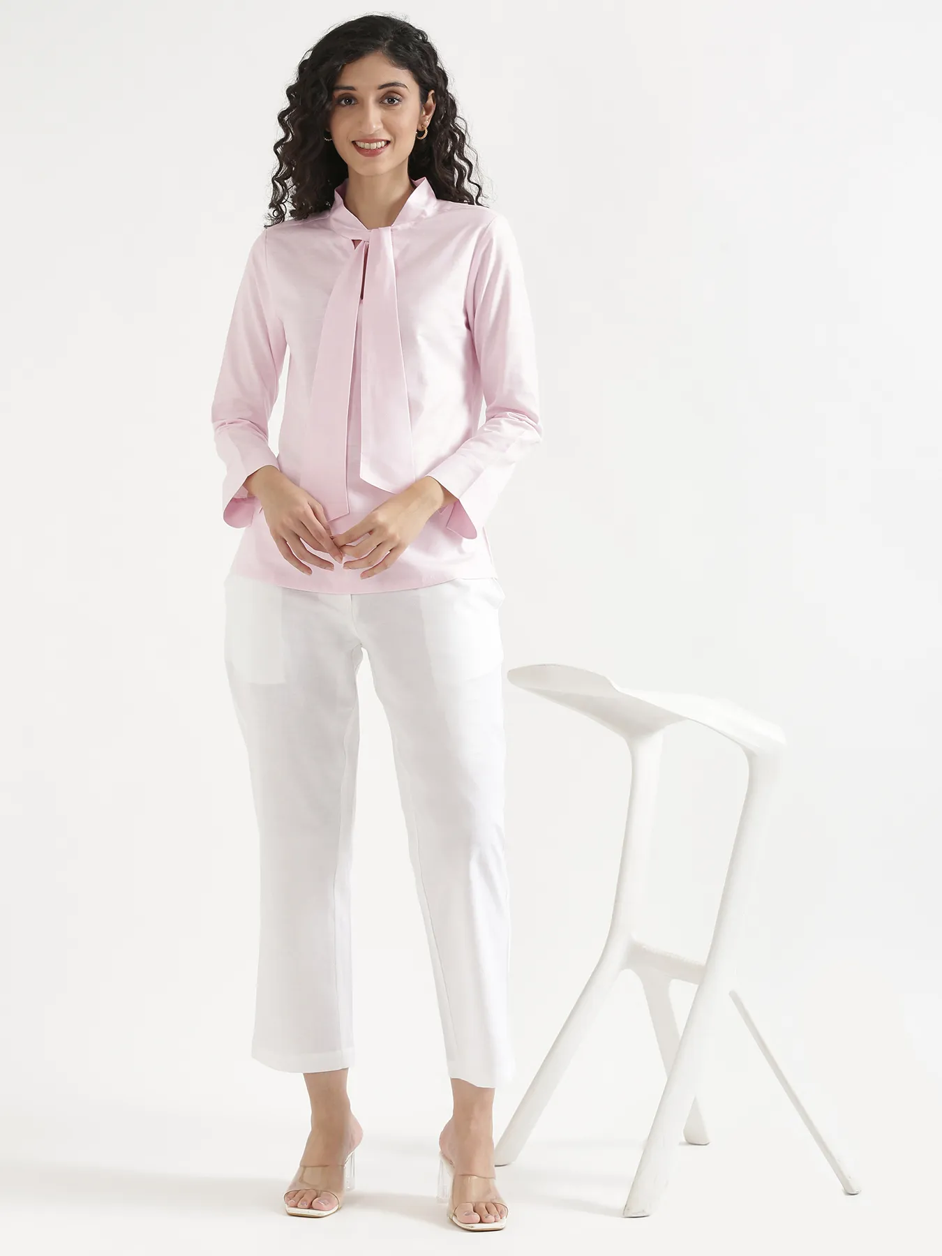 Women Blush Pink Linen Blend Knot Blouse & White Airy Linen Straight Pants Pant Set - Image 12