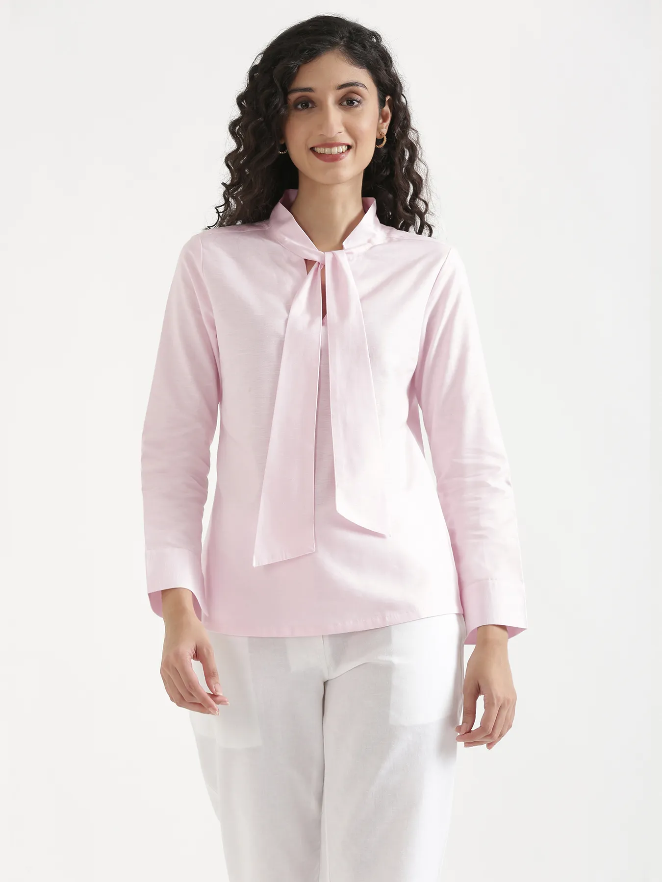 Women Blush Pink Linen Blend Knot Blouse & White Airy Linen Straight Pants Pant Set - Image 3
