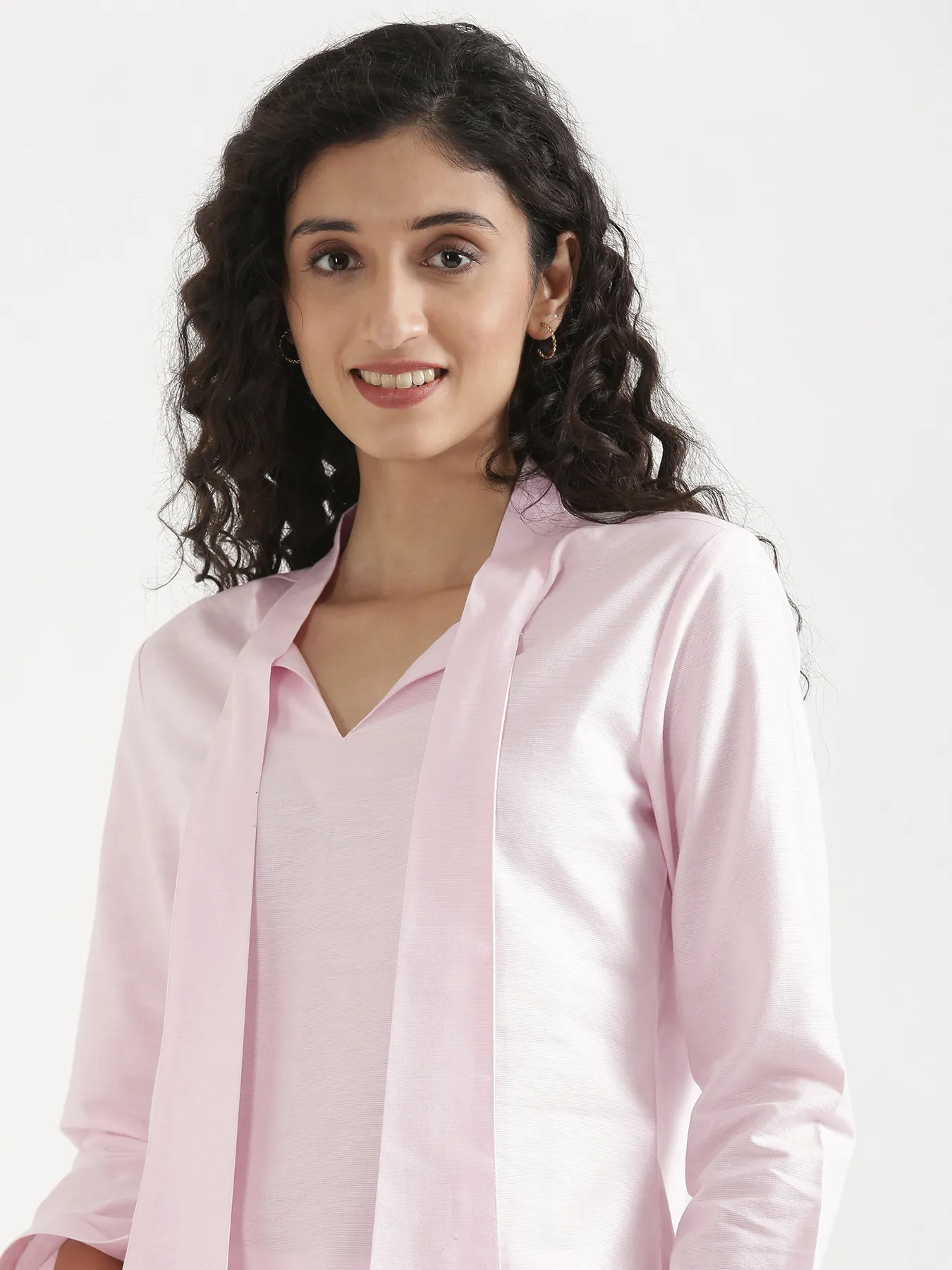Women Blush Pink Linen Blend Knot Blouse & White Airy Linen Straight Pants Pant Set - Image 4