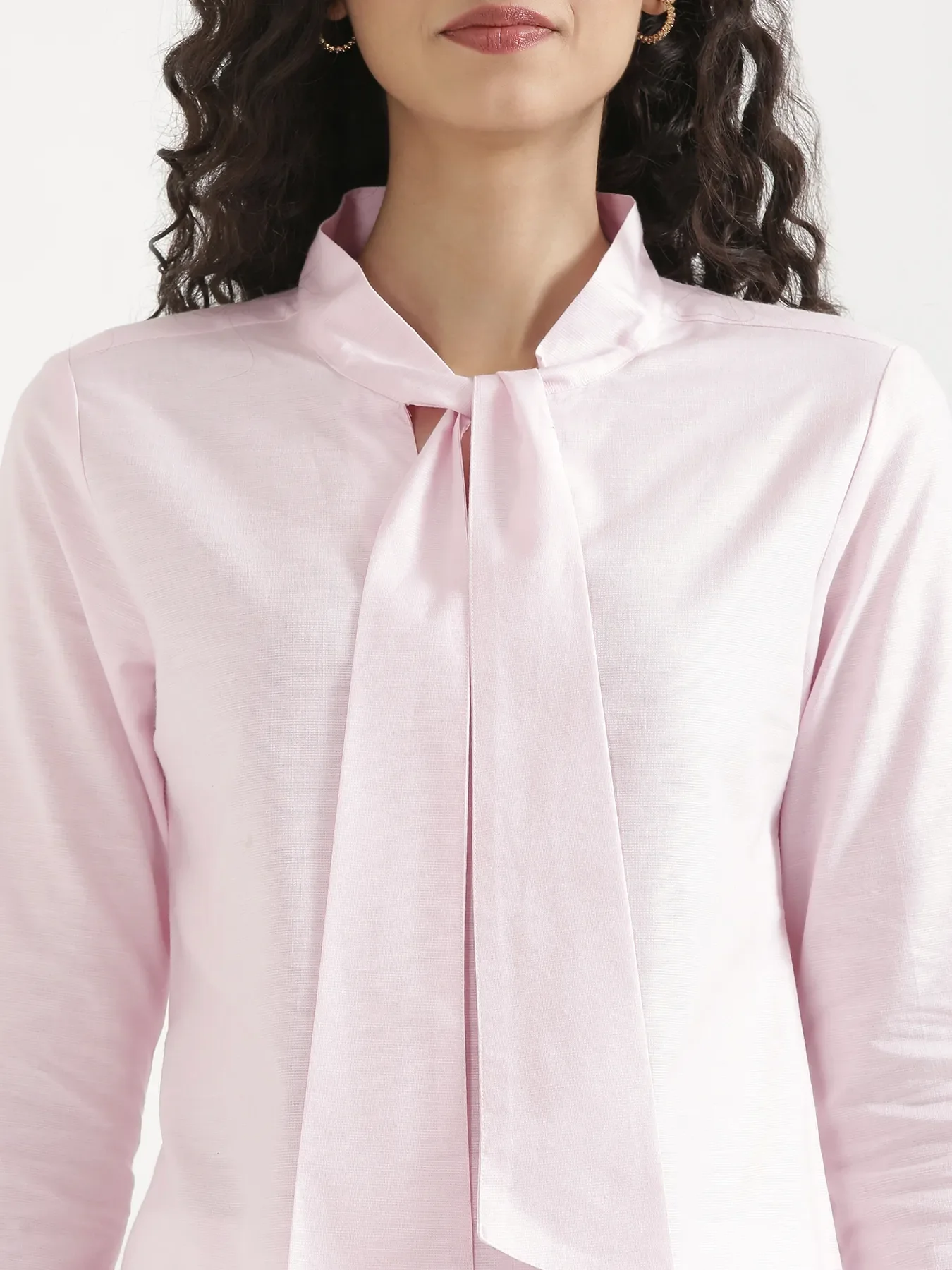 Women Blush Pink Linen Blend Knot Blouse & White Airy Linen Straight Pants Pant Set - Image 6