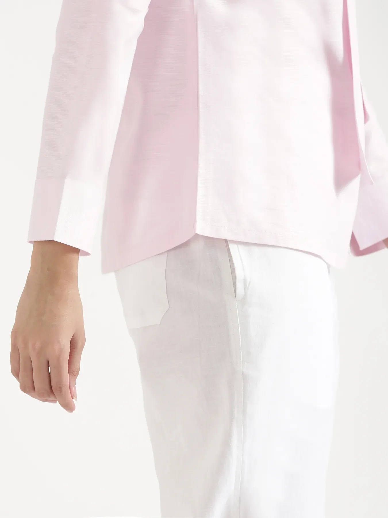 Women Blush Pink Linen Blend Knot Blouse & White Airy Linen Straight Pants Pant Set - Image 8