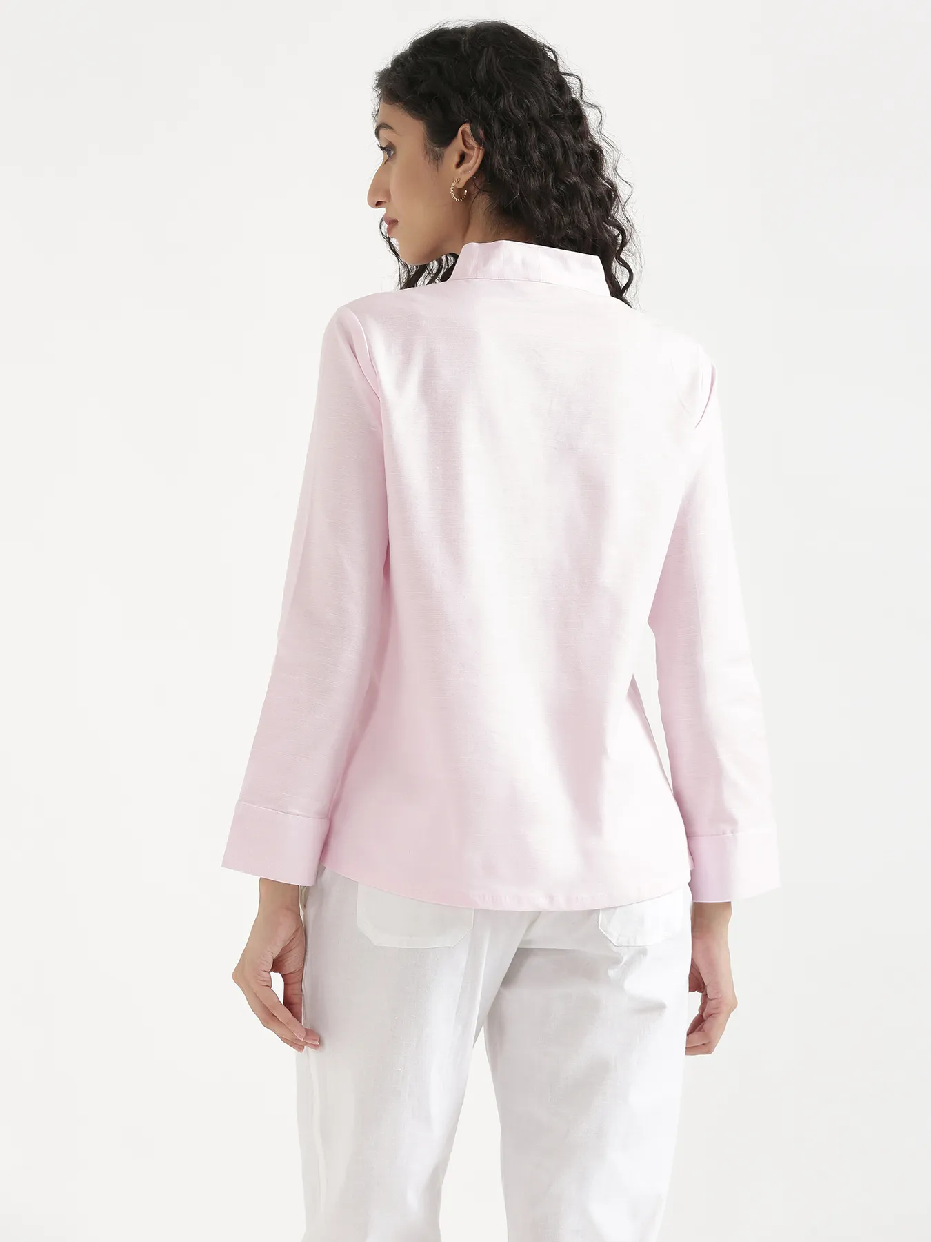 Women Blush Pink Linen Blend Knot Blouse & White Airy Linen Straight Pants Pant Set - Image 9