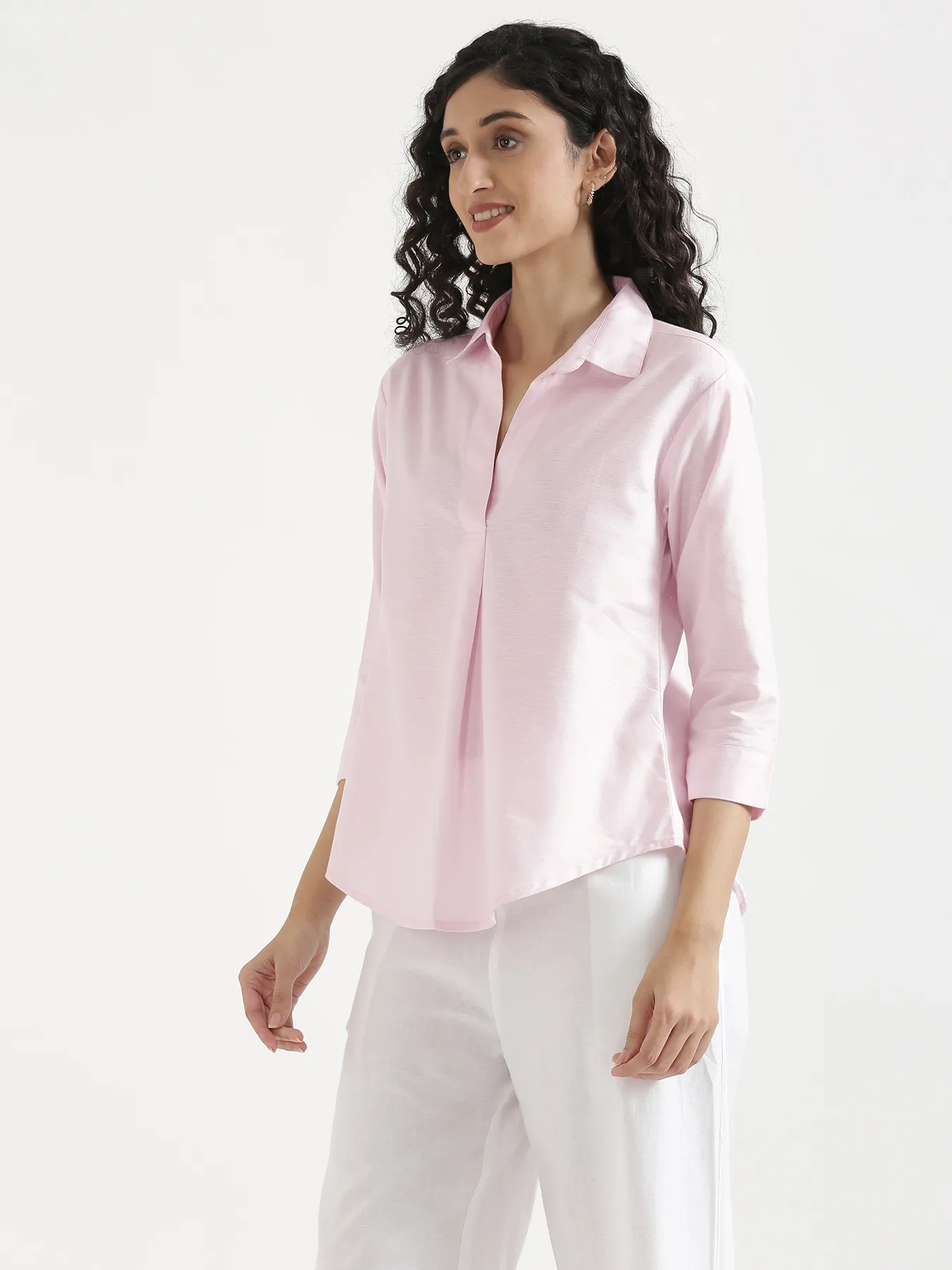 Women Blush Pink Linen Blend Pleated Top & White Airy Linen Wide Leg Pants Pant Set - Image 10