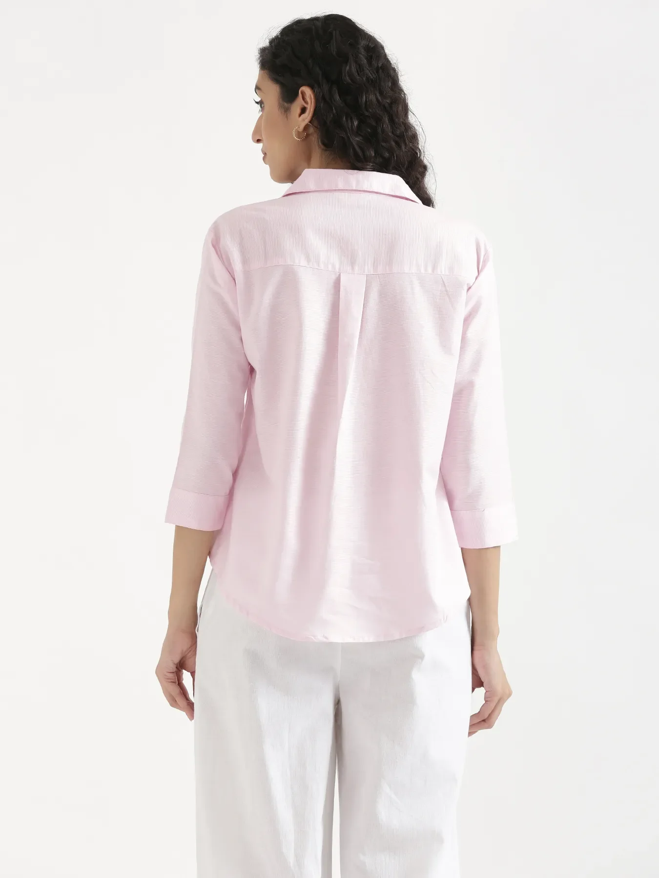 Women Blush Pink Linen Blend Pleated Top & White Airy Linen Wide Leg Pants Pant Set - Image 11
