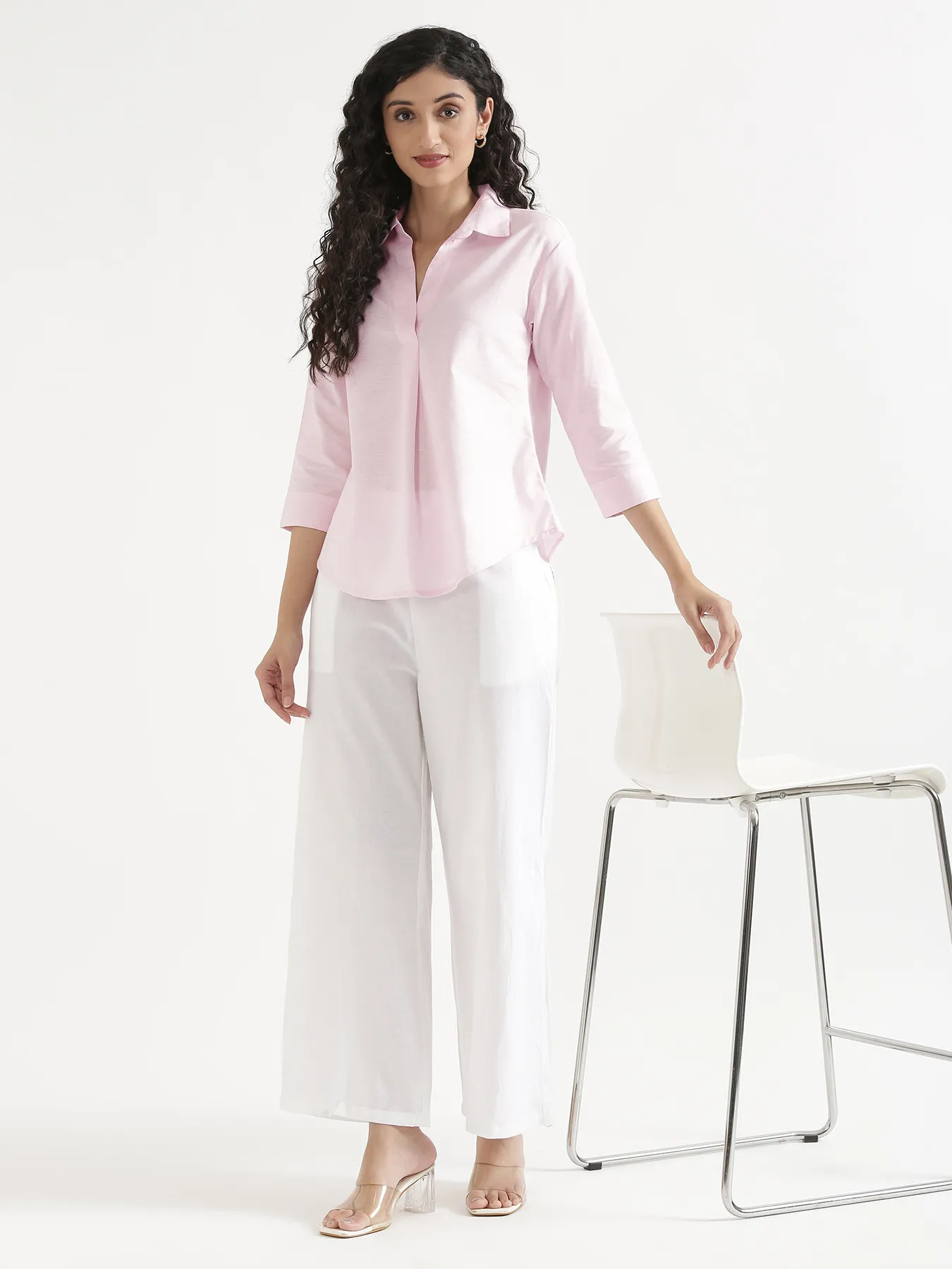 Women Blush Pink Linen Blend Pleated Top & White Airy Linen Wide Leg Pants Pant Set - Image 12