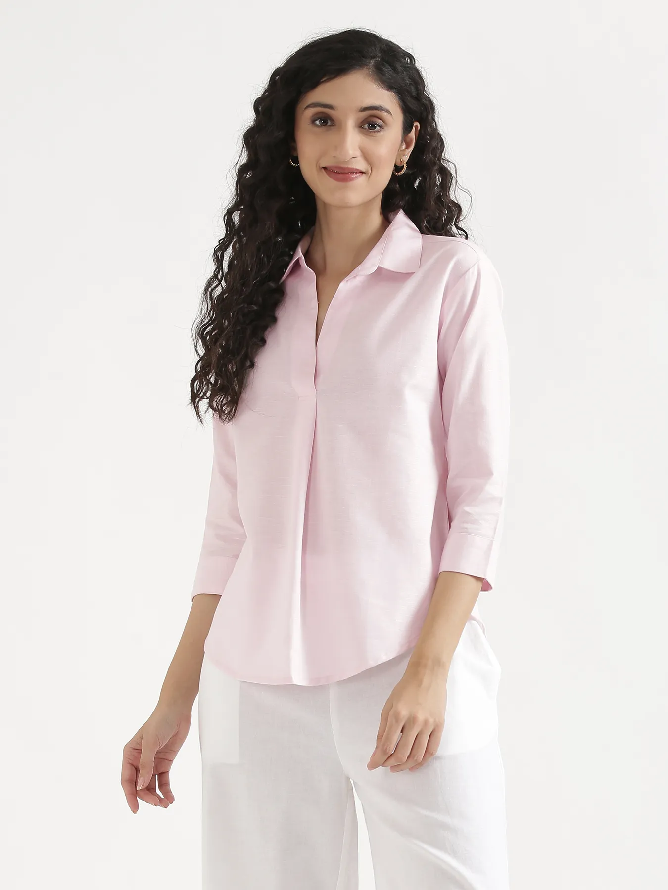 Women Blush Pink Linen Blend Pleated Top & White Airy Linen Wide Leg Pants Pant Set - Image 3