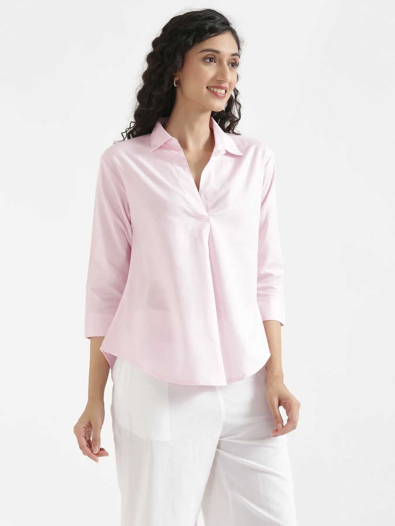 Women Blush Pink Linen Blend Pleated Top & White Airy Linen Wide Leg Pants Pant Set - Image 6