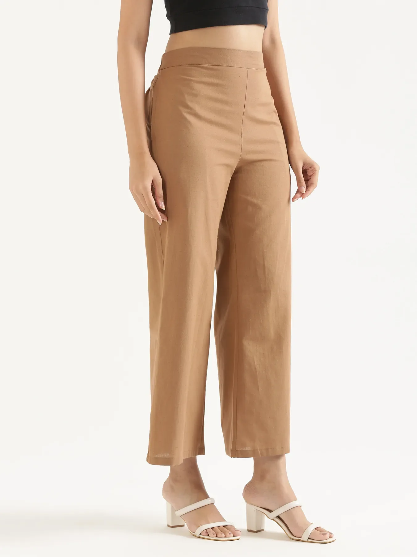 Women Coffee Brown Airy Linen Wide Leg Pant - Image 3