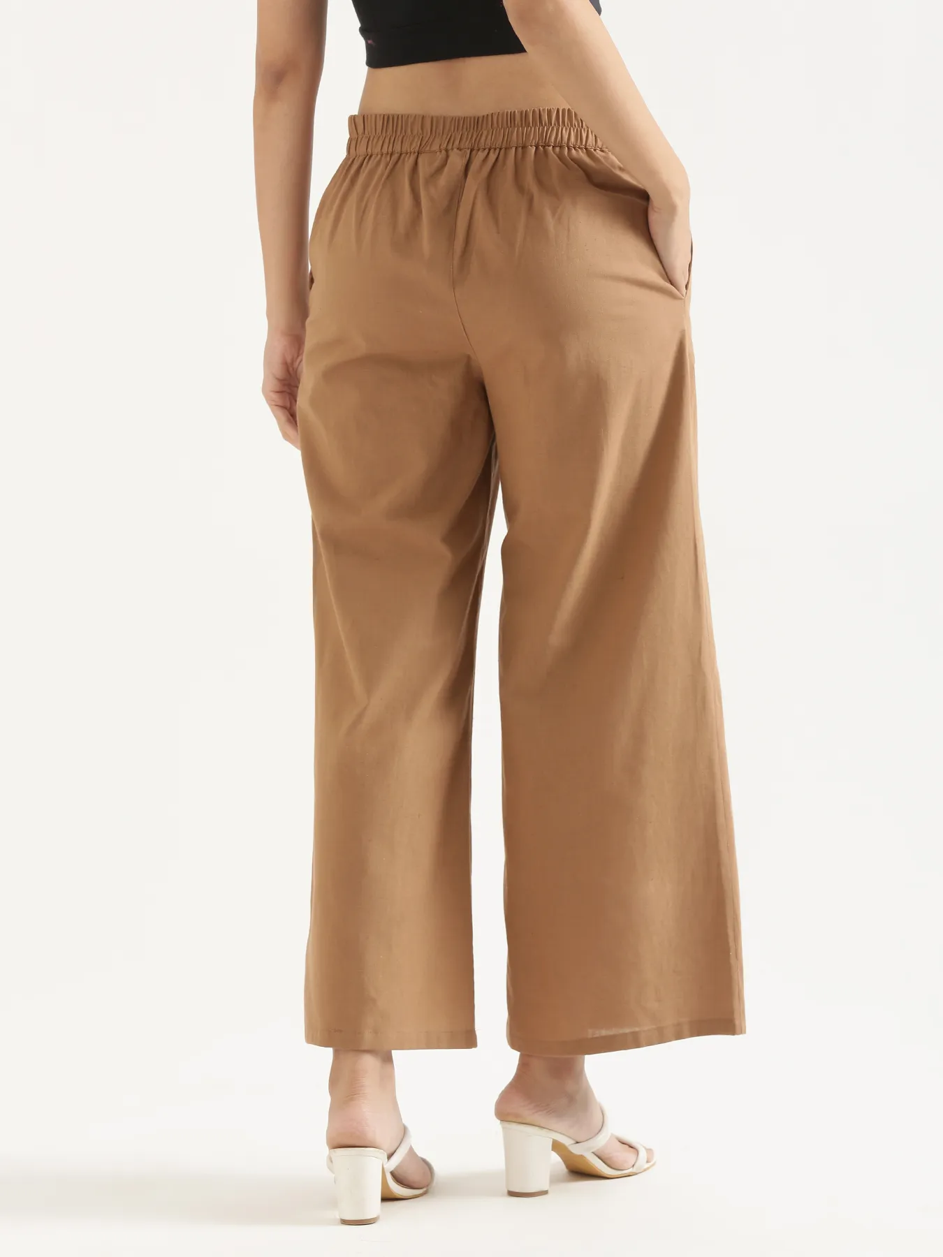 Women Coffee Brown Airy Linen Wide Leg Pant - Image 7