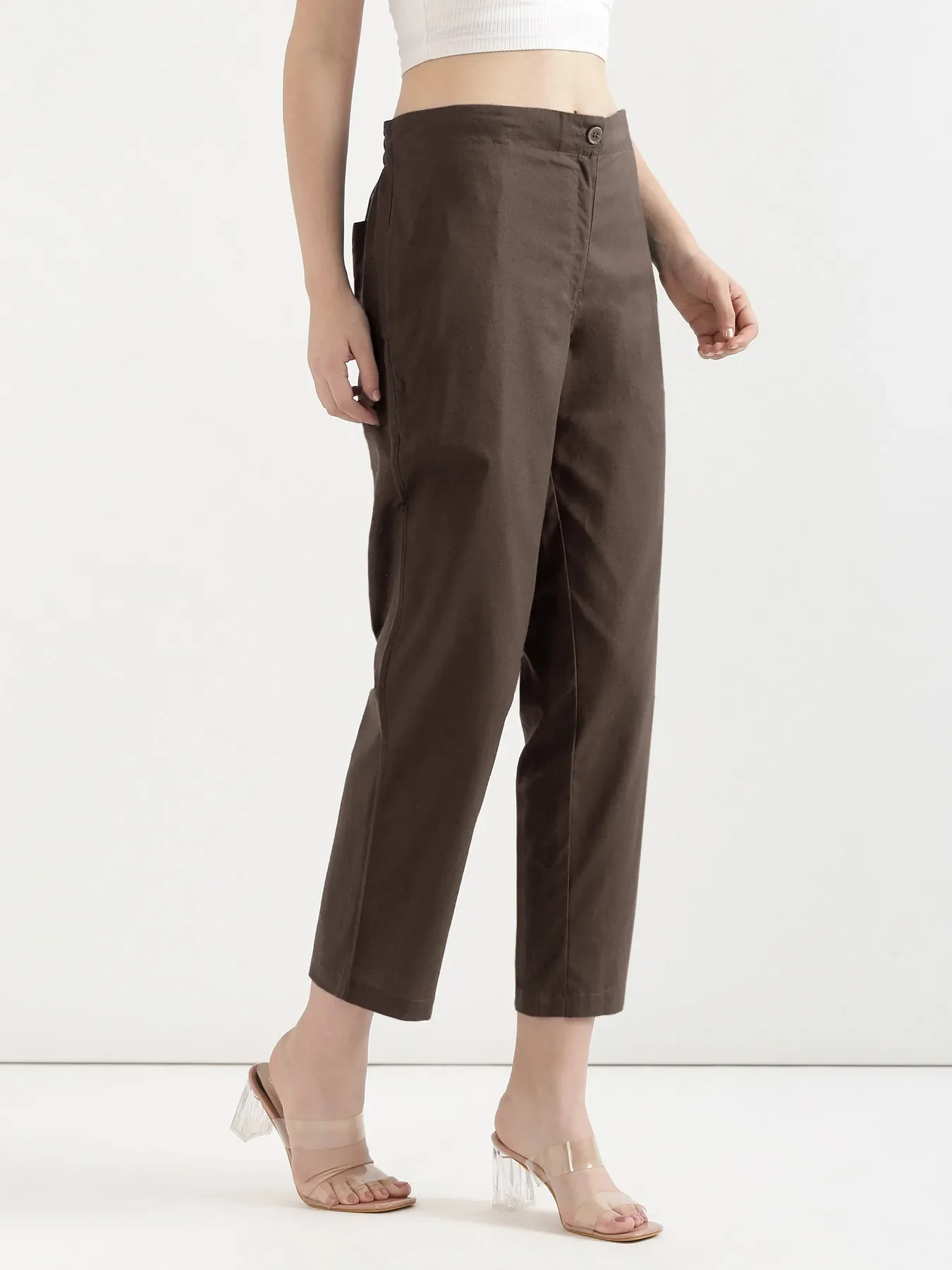 Women Dark Brown Airy Linen Straight Pants - Image 2